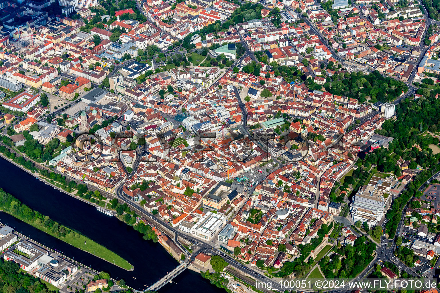 Aerial view of Old Town area and city center in Schweinfurt in the state Bavaria, Germany