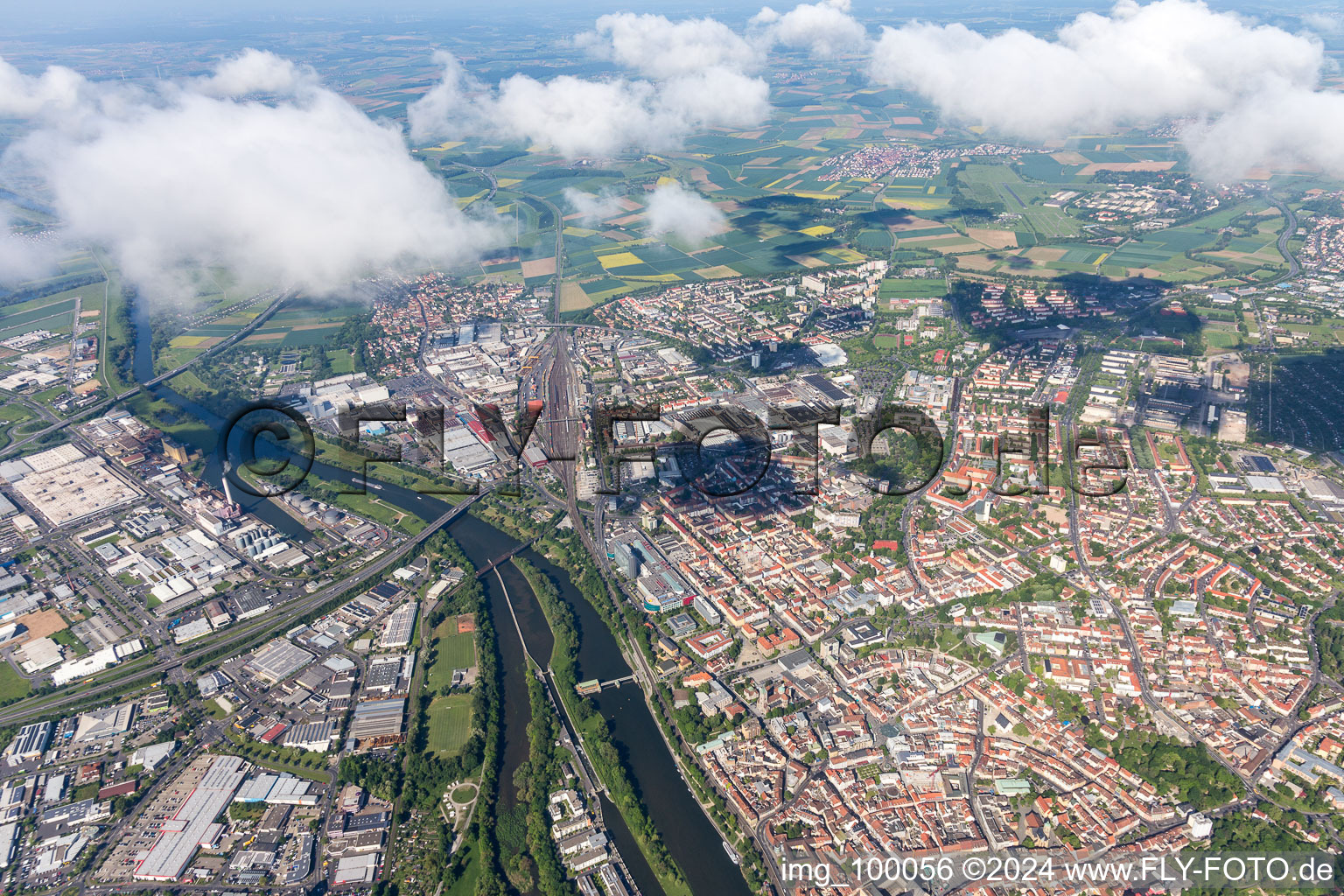 Aerial photograpy of City view on the river bank of the Main river in Schweinfurt in the state Bavaria, Germany