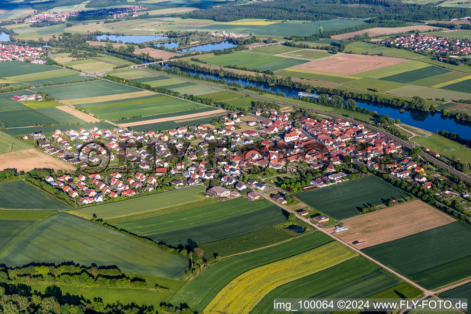 Oblique view of Village on the river bank areas of the Main river in Untertheres in the state Bavaria, Germany