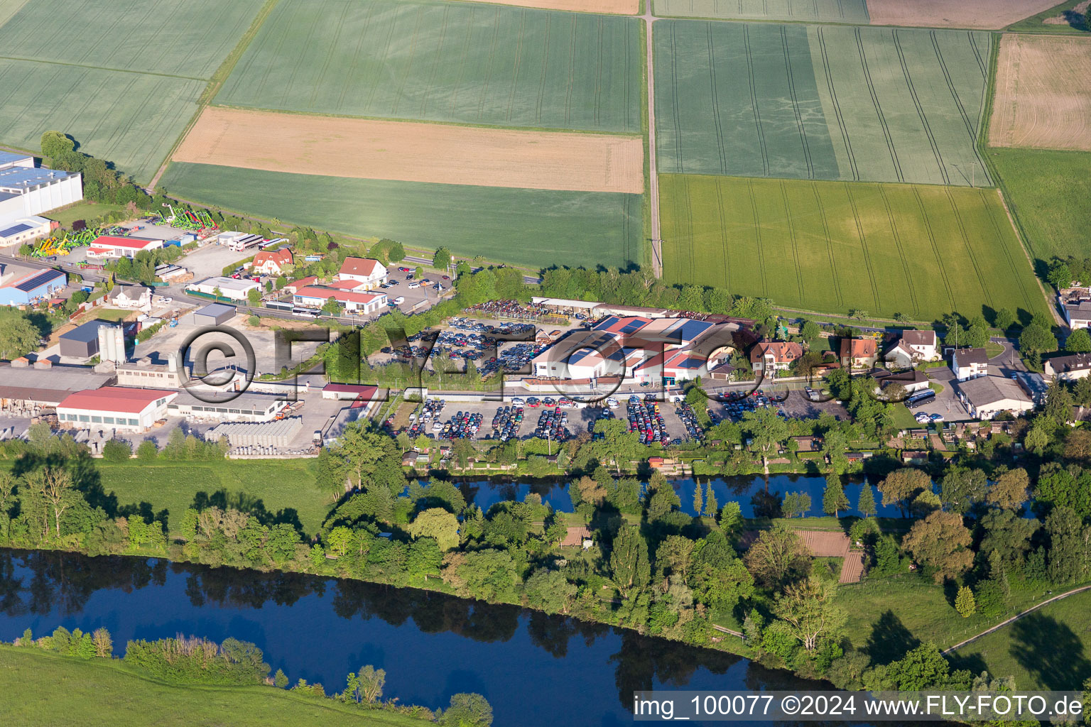 Aerial view of Car dealership building Auto Englert in Wonfurt in the state Bavaria, Germany