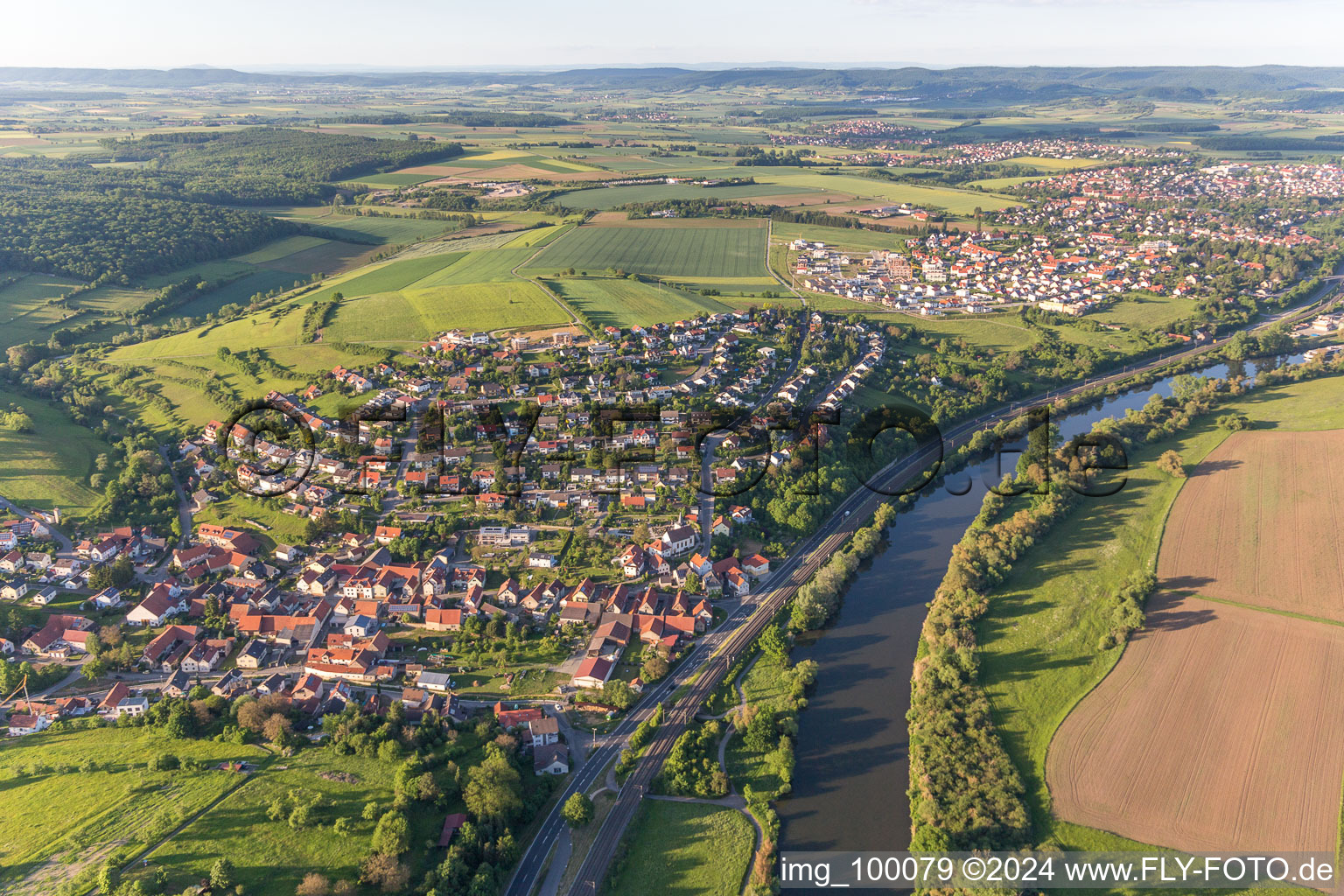 Aerial view of Village on the river bank areas of the Main river in Wuelflingen in the state Bavaria, Germany