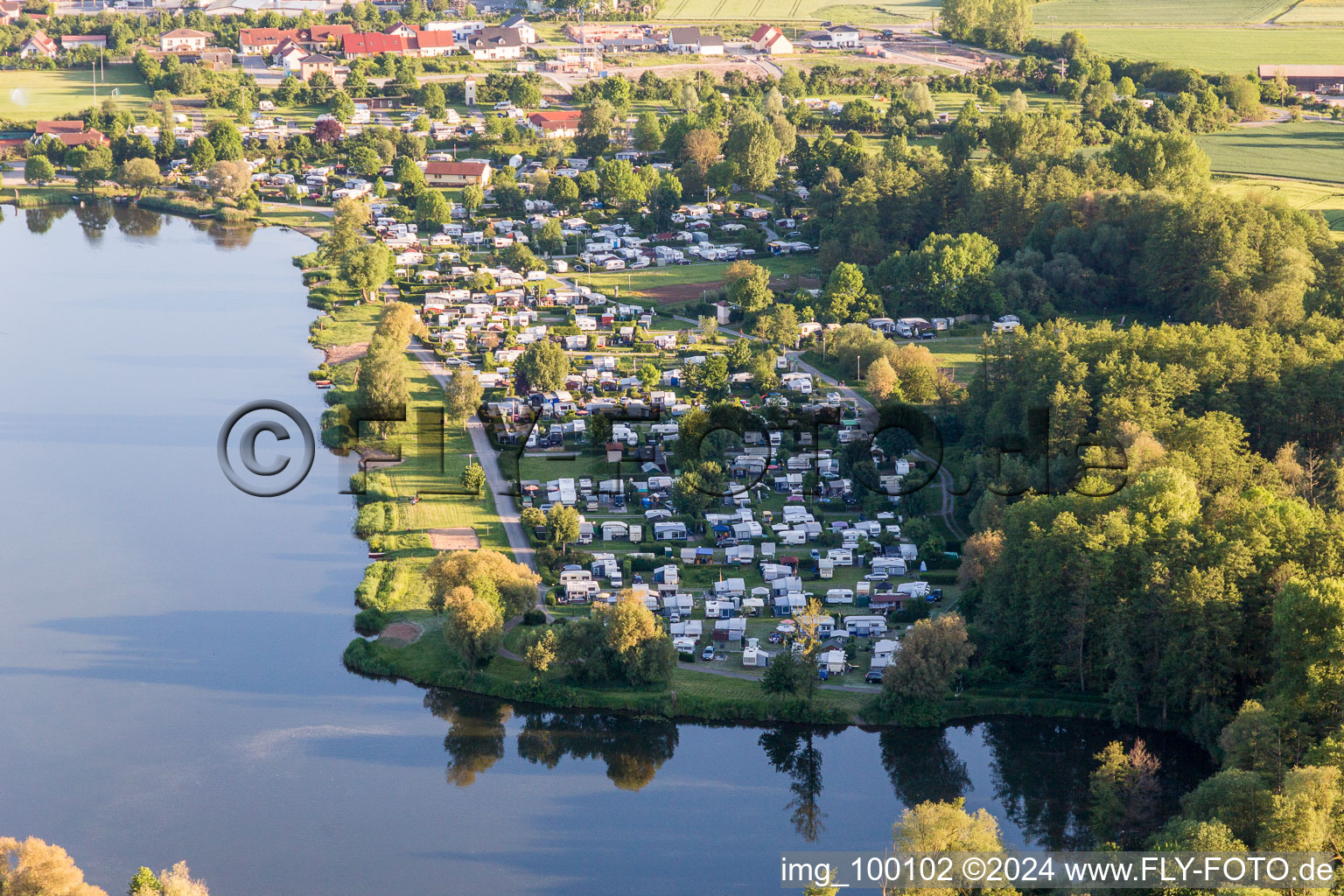 Aerial view of Camping with caravans and tents in Sand am Main in the state Bavaria, Germany