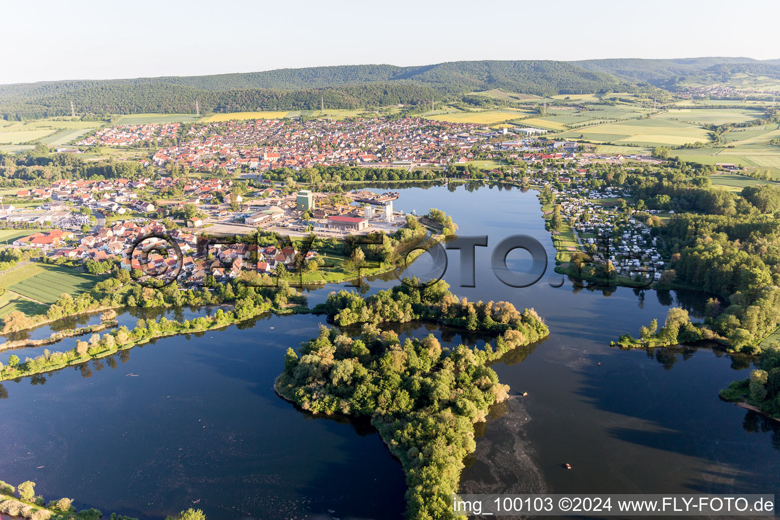 Village on the lake bank areas of Sander Baggersee in Sand am Main in the state Bavaria, Germany