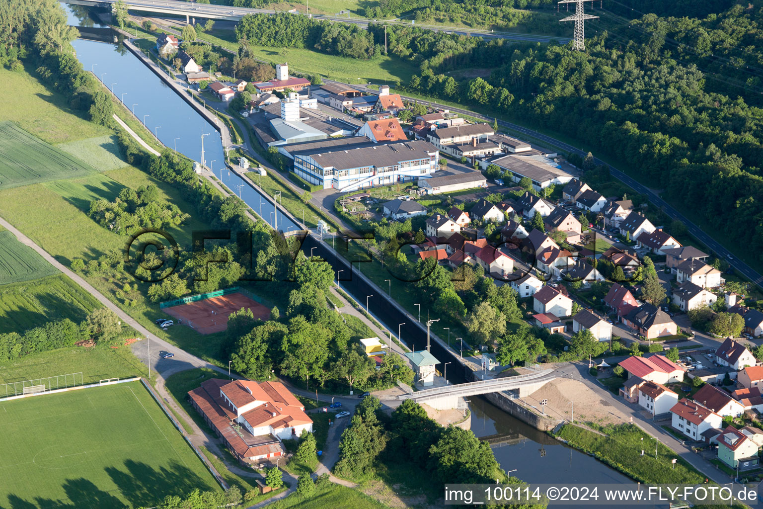 Aerial view of Main Lock in the district Limbach in Eltmann in the state Bavaria, Germany