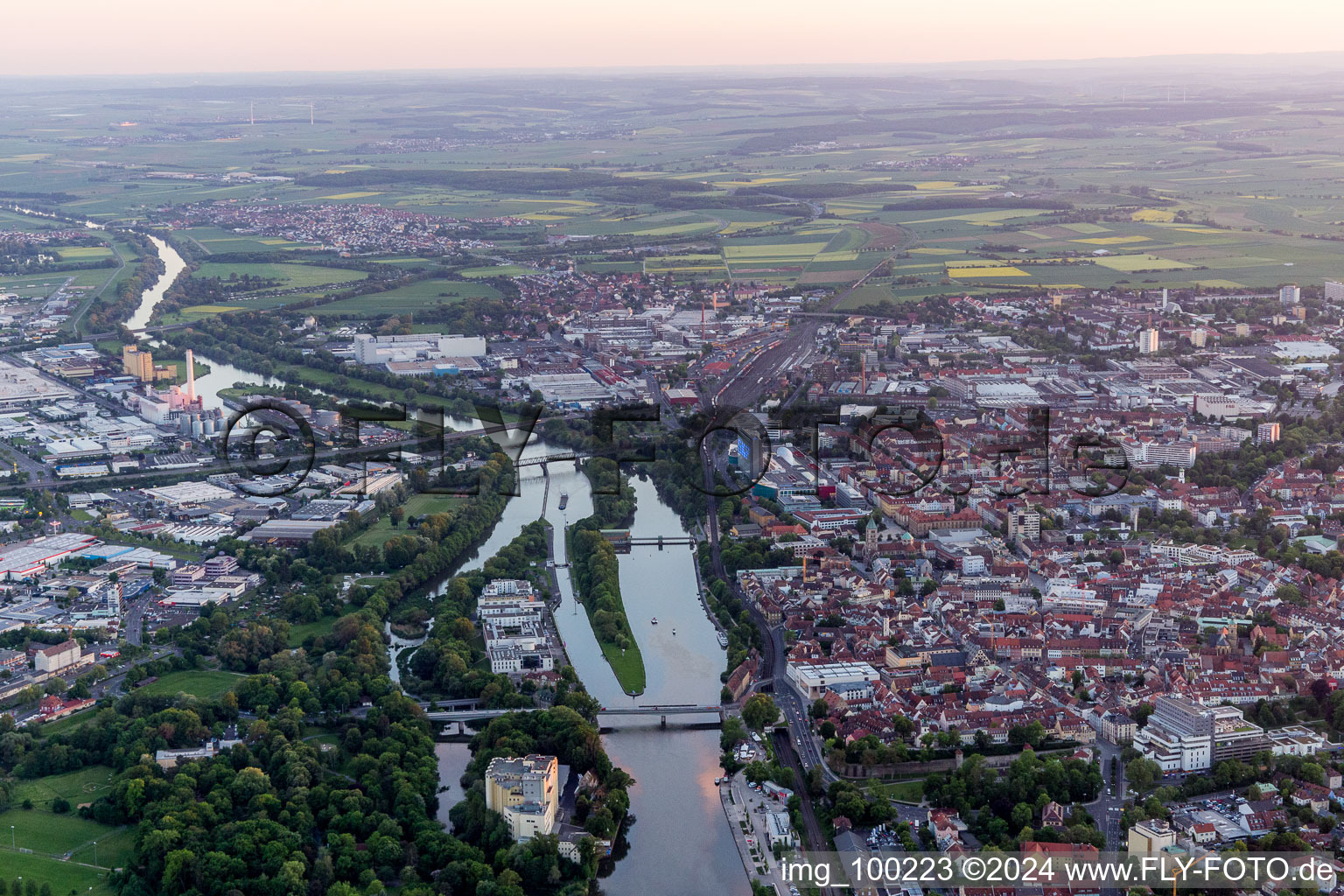 Oblique view of City view on the river bank of the Main river in Schweinfurt in the state Bavaria, Germany