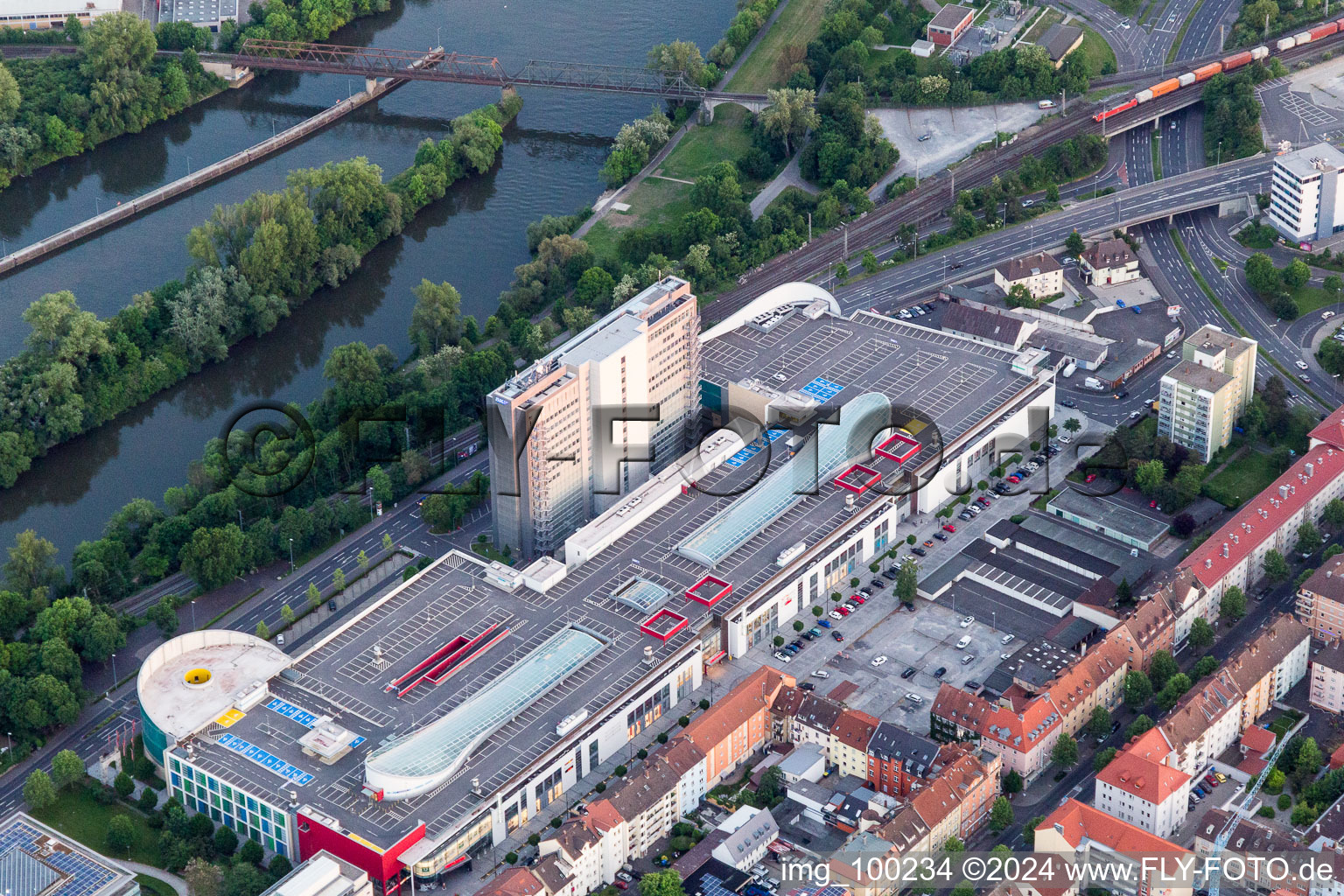 Aerial view of Building of the shopping center Stadtgalerie Schweinfurt and SKF Hochhaus in Schweinfurt in the state Bavaria, Germany