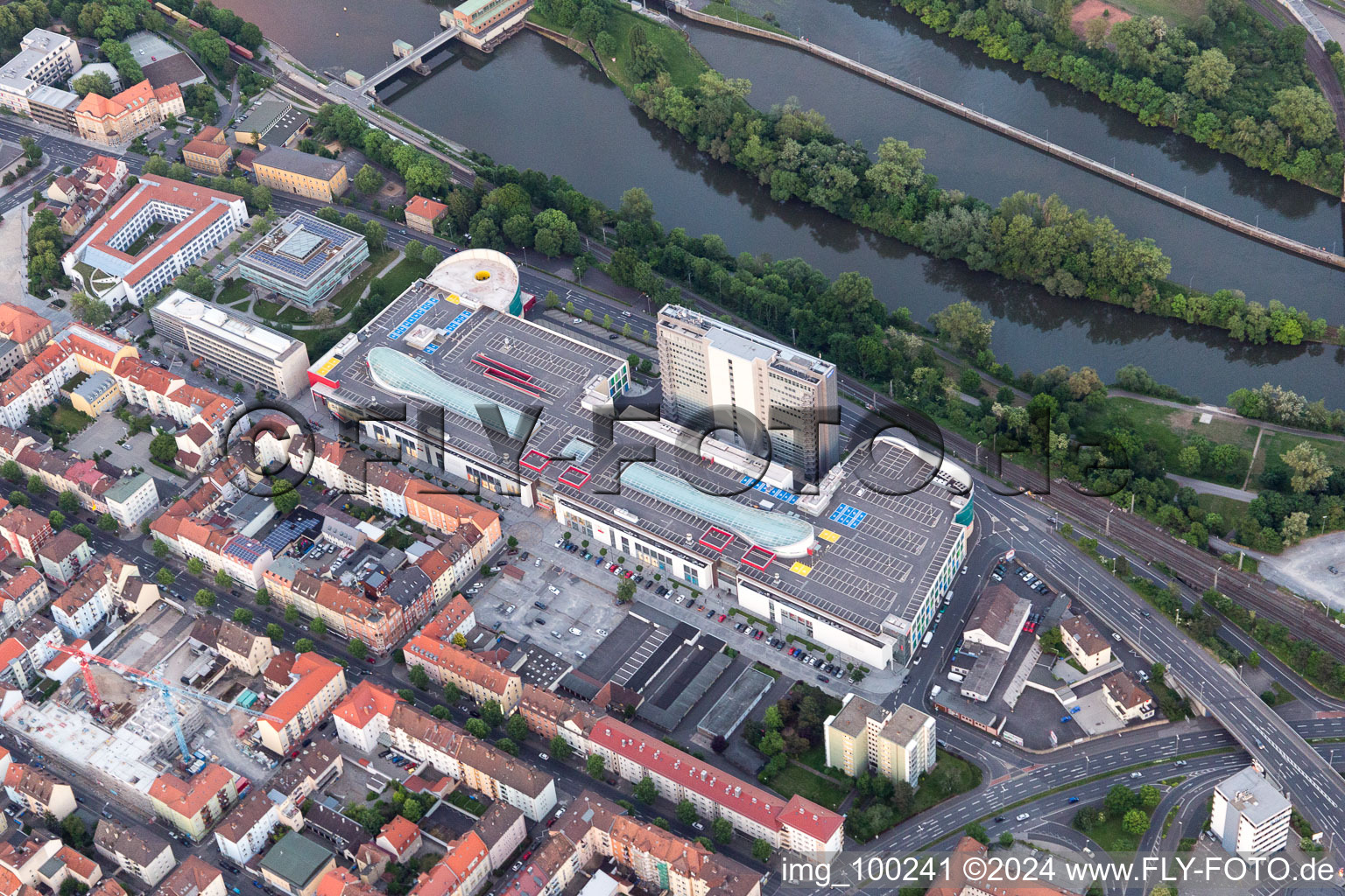 Aerial photograpy of Building of the shopping center Stadtgalerie Schweinfurt and SKF Hochhaus in Schweinfurt in the state Bavaria, Germany