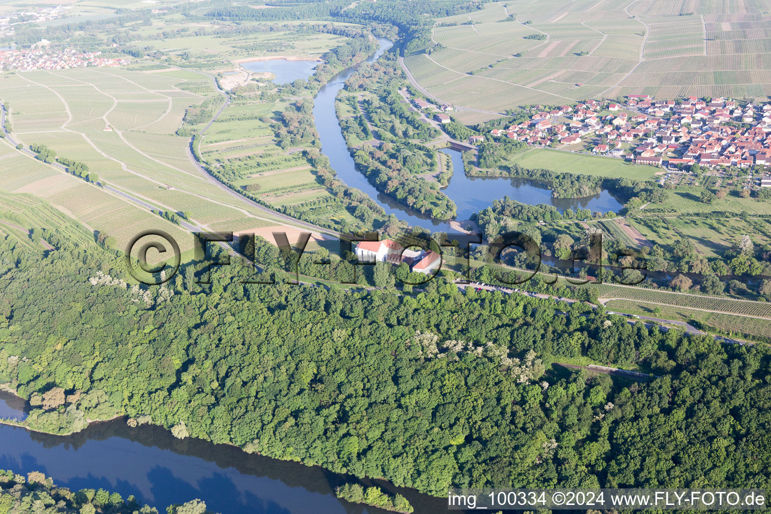 Aerial view of Mainhang at the Vogelsburg and Church of the Protection of Mary in the district Escherndorf in Volkach in the state Bavaria, Germany