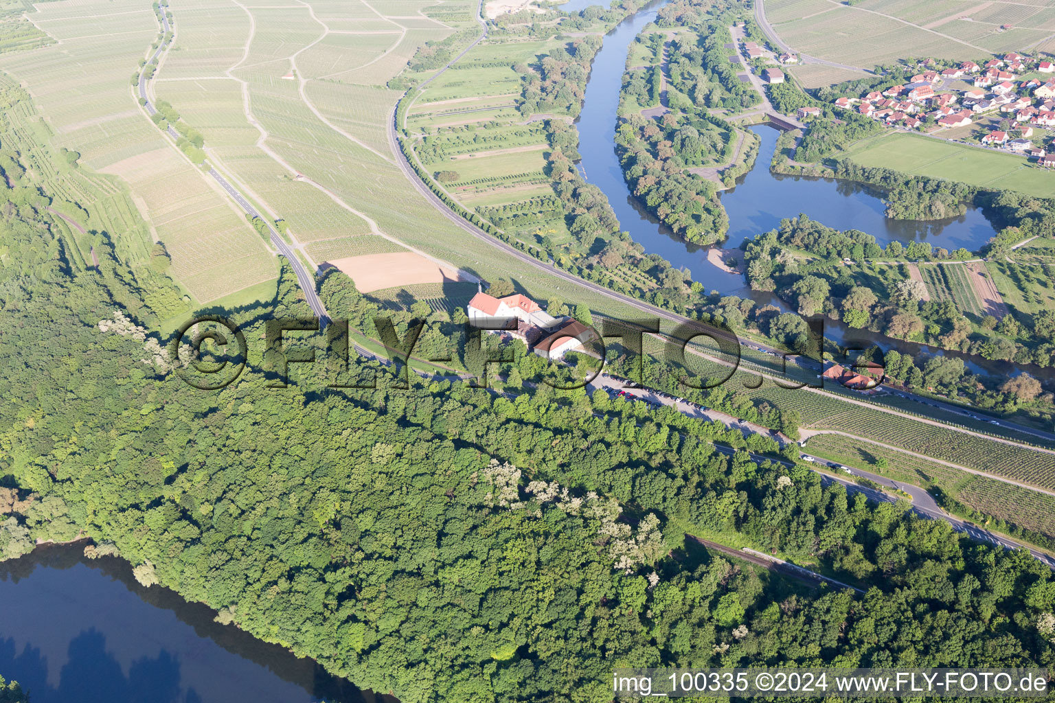 Aerial photograpy of Mainhang at the Vogelsburg and Church of the Protection of Mary in the district Escherndorf in Volkach in the state Bavaria, Germany