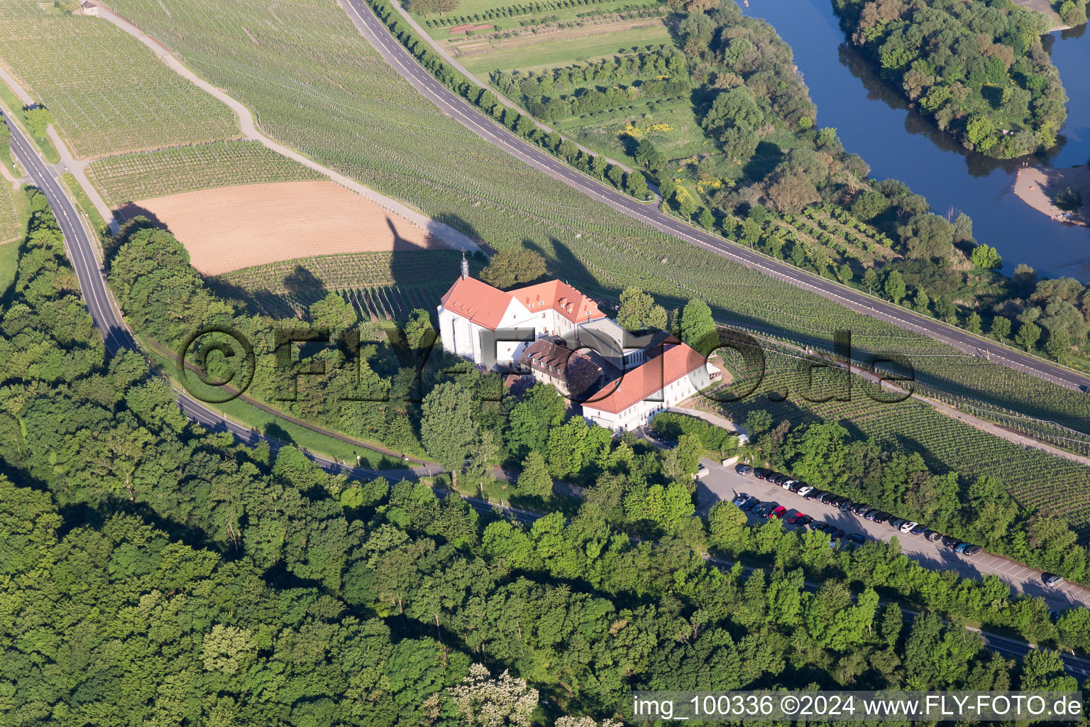 Oblique view of Mainhang at the Vogelsburg and Church of the Protection of Mary in the district Escherndorf in Volkach in the state Bavaria, Germany