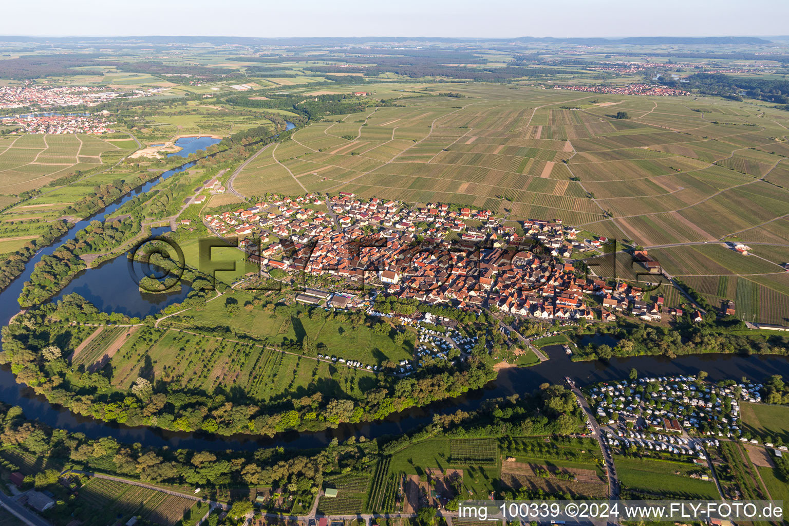 Aerial photograpy of Fields of wine cultivation landscape in Nordheim am Main in the state Bavaria, Germany