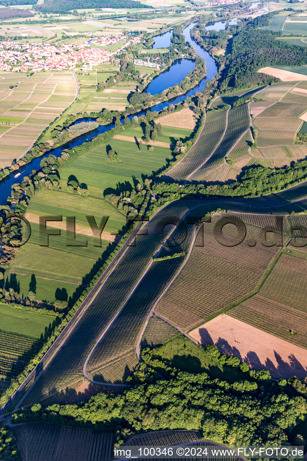 Aerial view of Wine-growing area Neuerer Glatzen in the district Neuses am Berg in Dettelbach in the state Bavaria, Germany