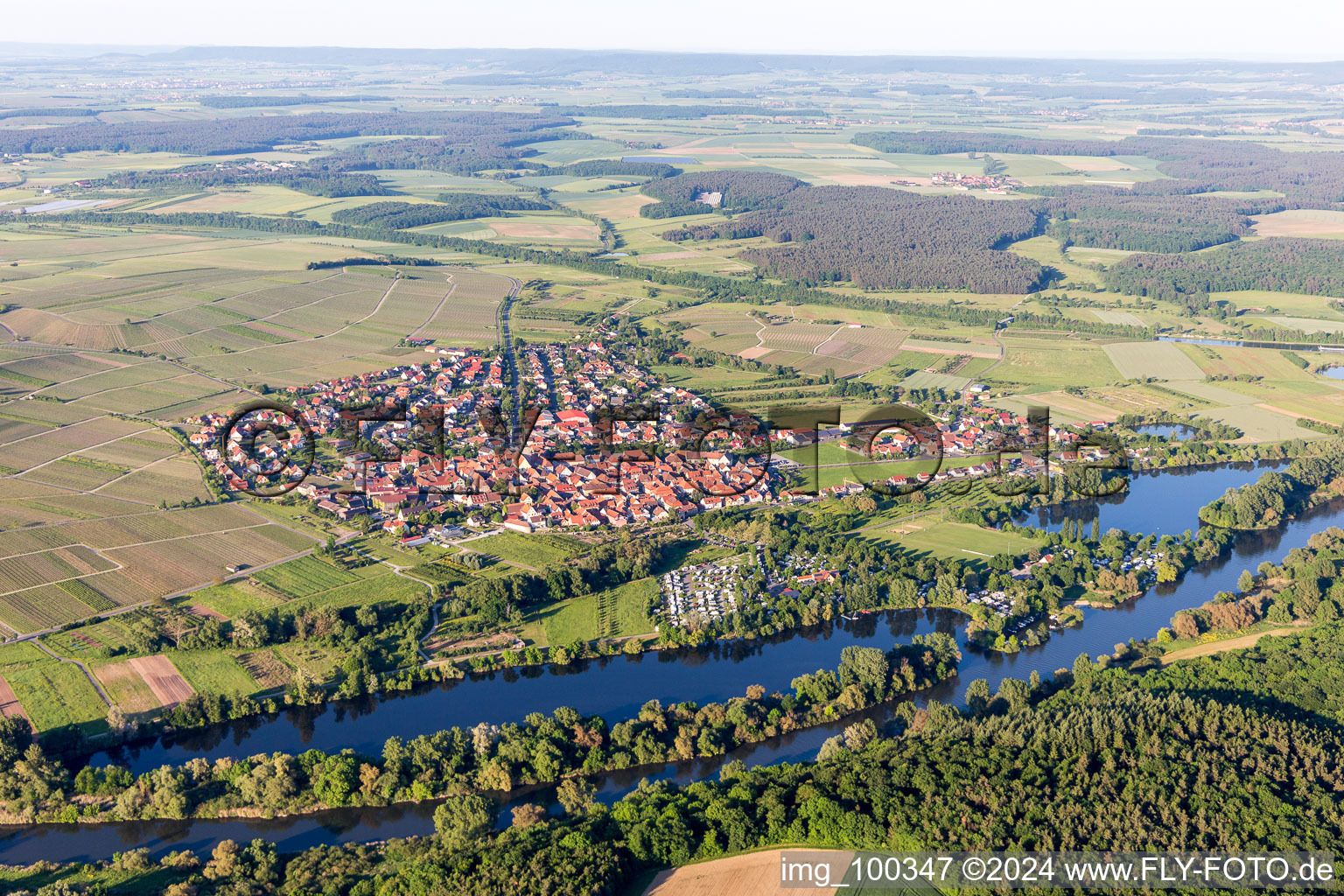 Aerial photograpy of Village on the river bank areas of Main-Aue in Sommerach in the state Bavaria, Germany