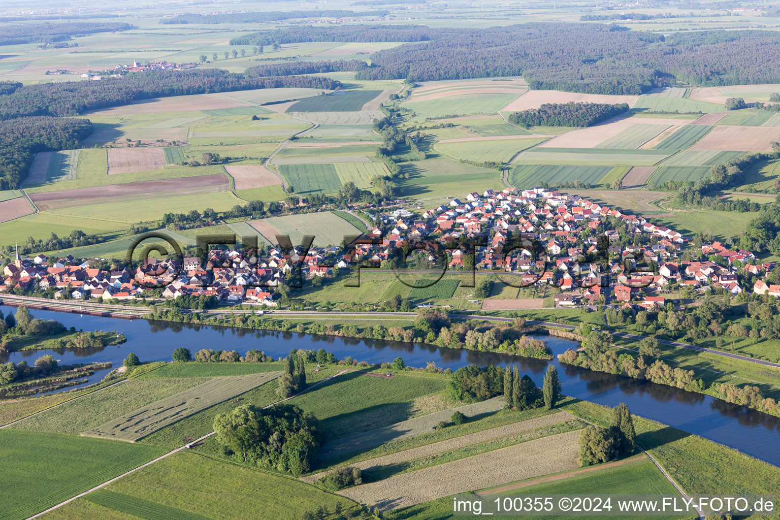 Aerial view of Schwarzach am Main in the state Bavaria, Germany