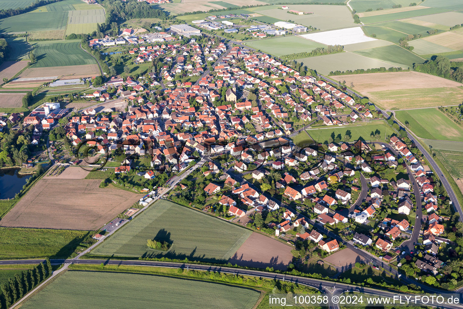 Town View of the streets and houses of the residential areas in the district Stadtschwarzach in Schwarzach am Main in the state Bavaria, Germany