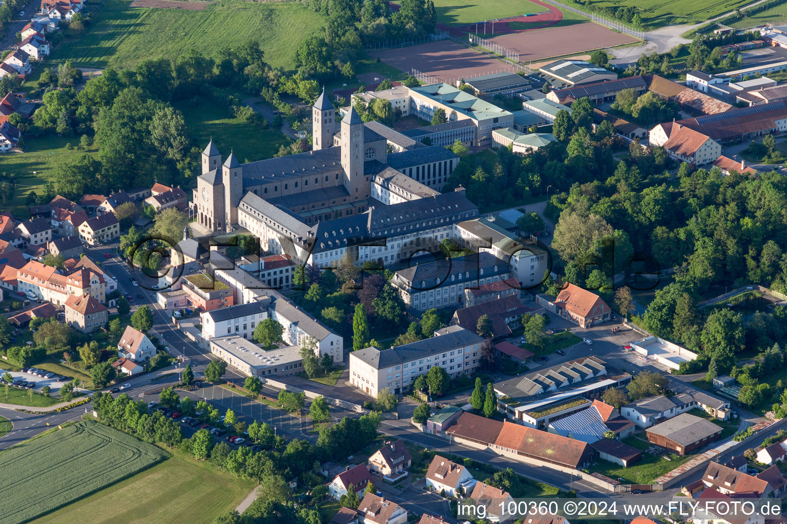 Aerial view of Complex of buildings of the monastery Abtei Muensterschwarzach in Schwarzach am Main in the state Bavaria, Germany