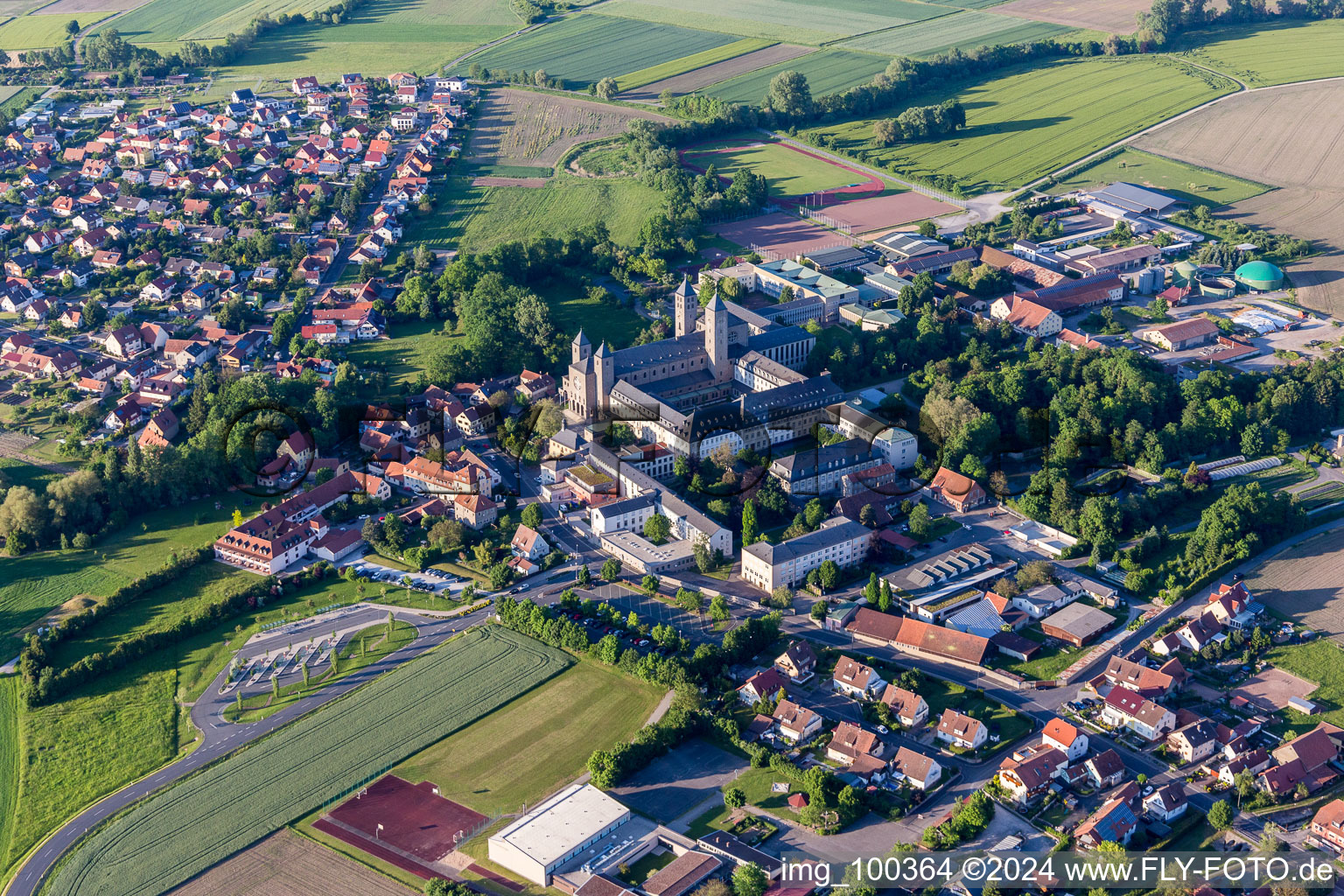 Aerial photograpy of Complex of buildings of the monastery Abtei Muensterschwarzach in Schwarzach am Main in the state Bavaria, Germany