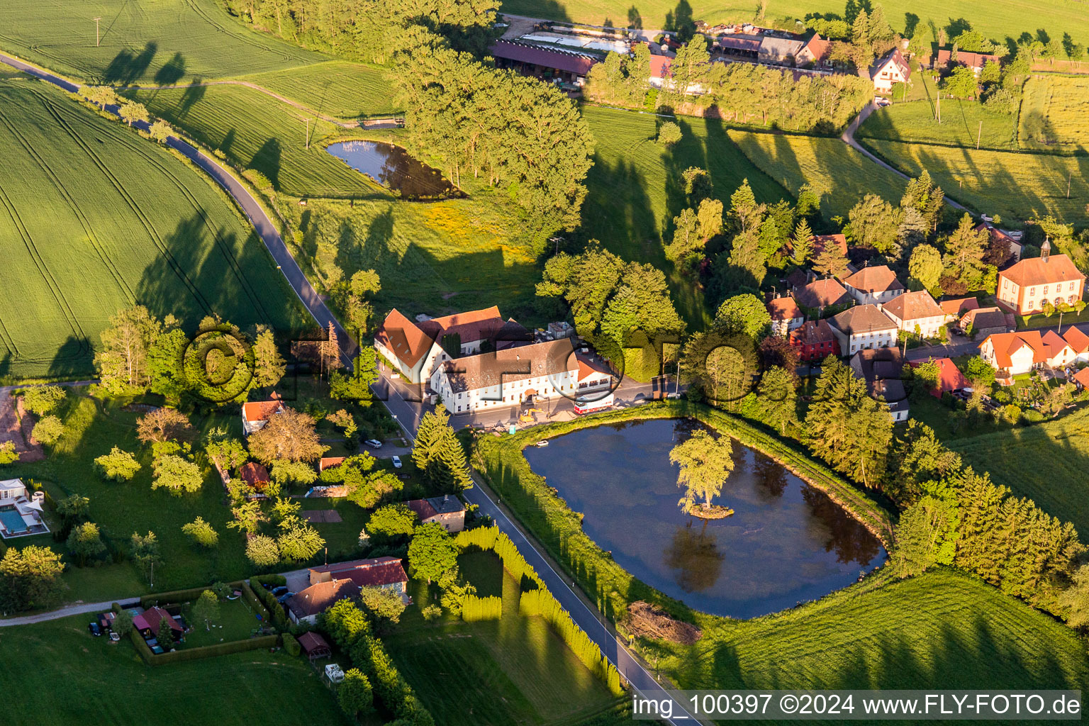 Aerial view of Manson at the Shore areas of the ponds in the district Rehweiler in Geiselwind in the state Bavaria, Germany