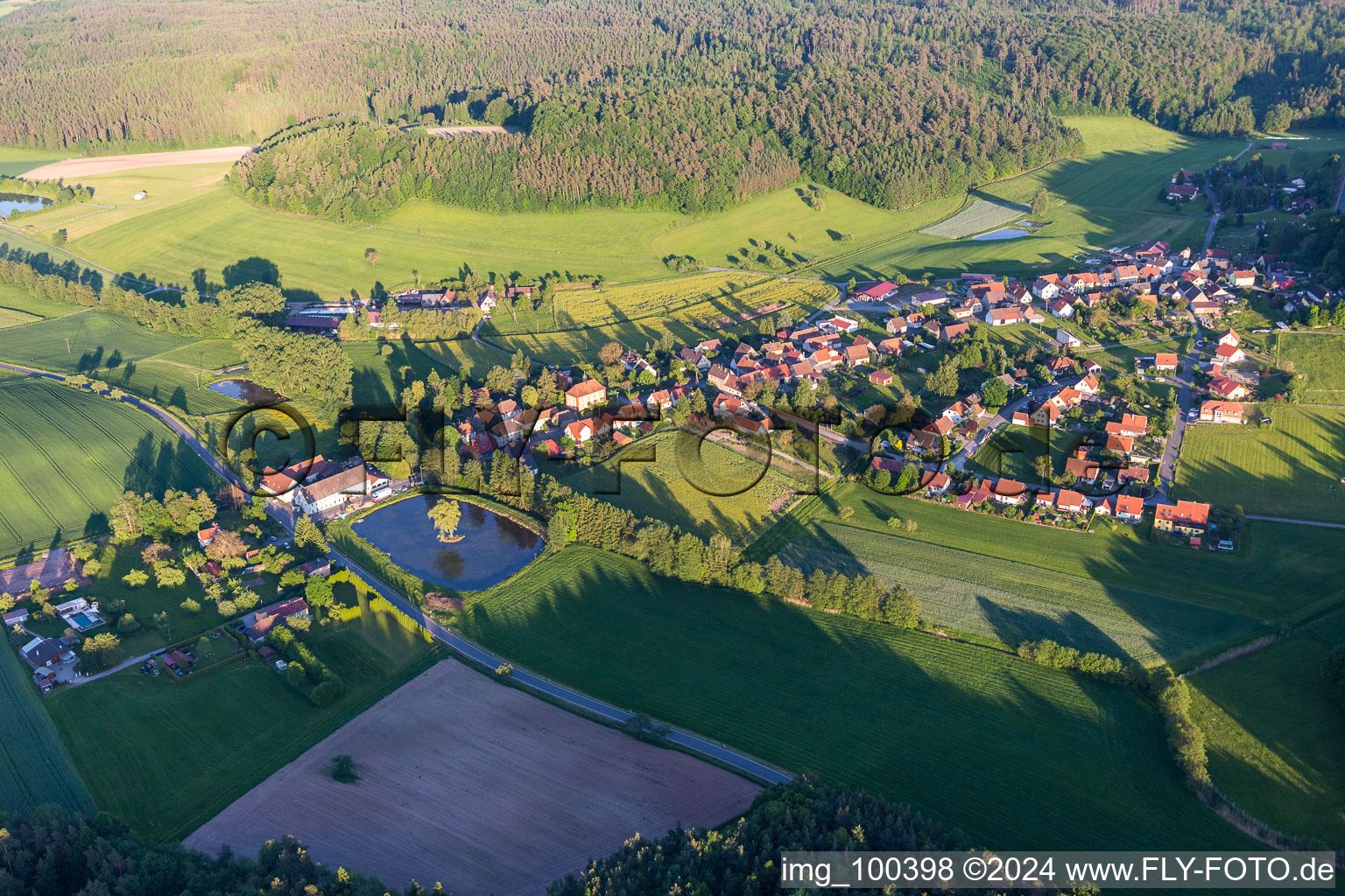 Pond with island on the outskirts in the district Rehweiler in Geiselwind in the state Bavaria, Germany