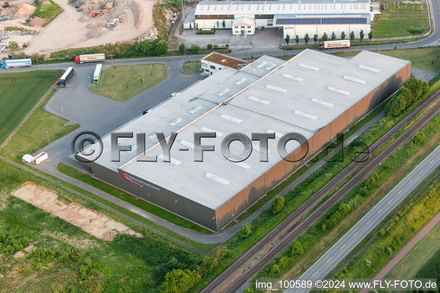 Aerial view of Warehouses and forwarding building of Eichenlaub Logistik GmbH in Rohrbach in the state Rhineland-Palatinate, Germany