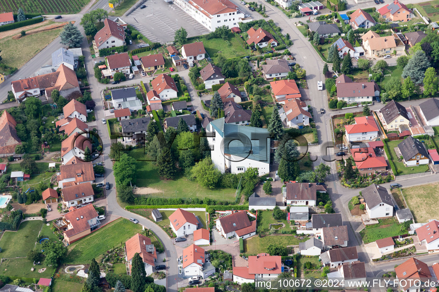 District Rechtenbach in Schweigen-Rechtenbach in the state Rhineland-Palatinate, Germany from a drone