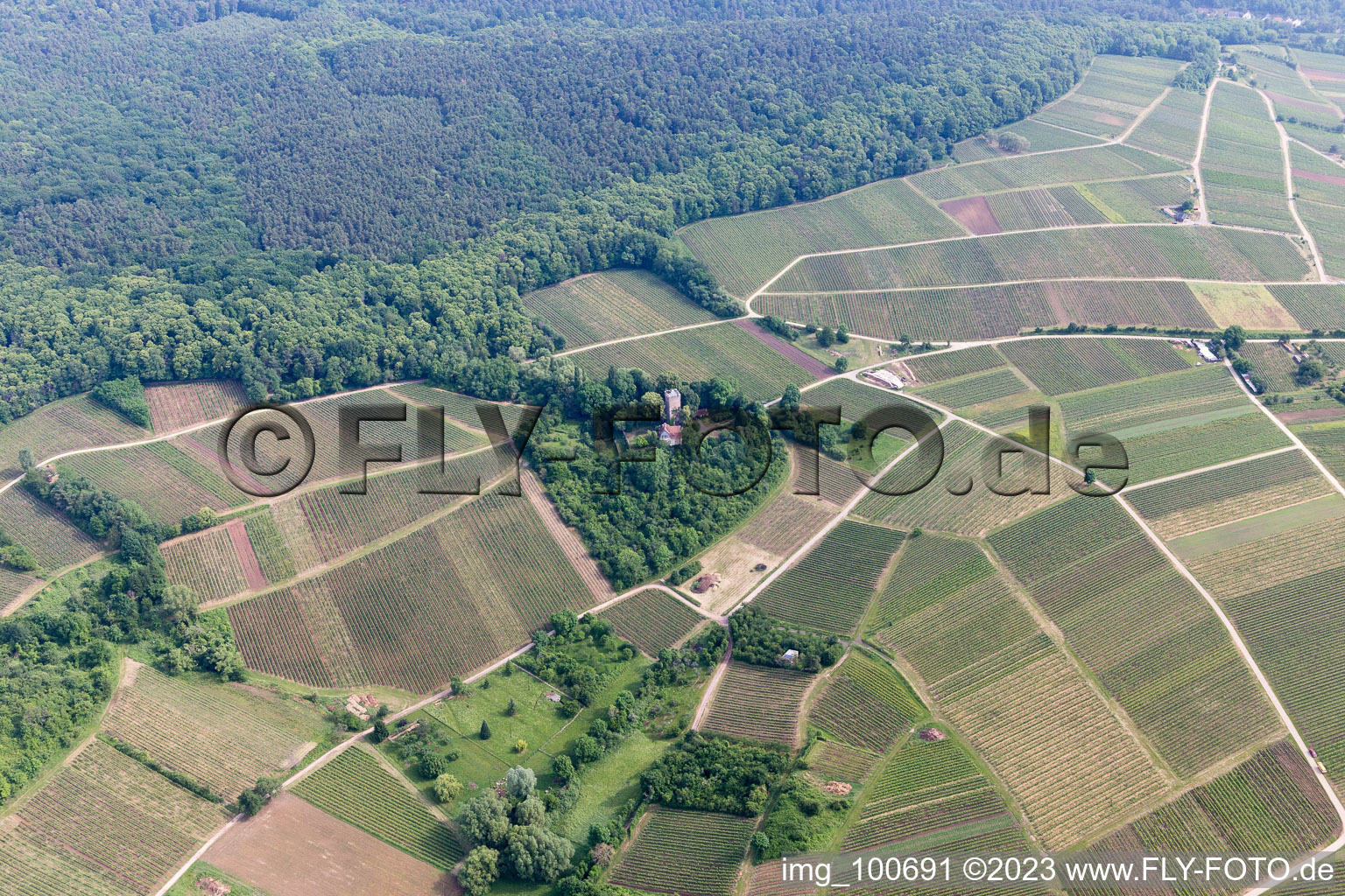 Aerial view of Sonnenberg in the district Schweigen in Schweigen-Rechtenbach in the state Rhineland-Palatinate, Germany