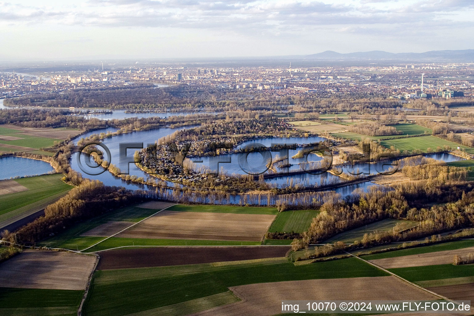 Aerial view of Blue Adriatic recreation area in Altrip in the state Rhineland-Palatinate, Germany