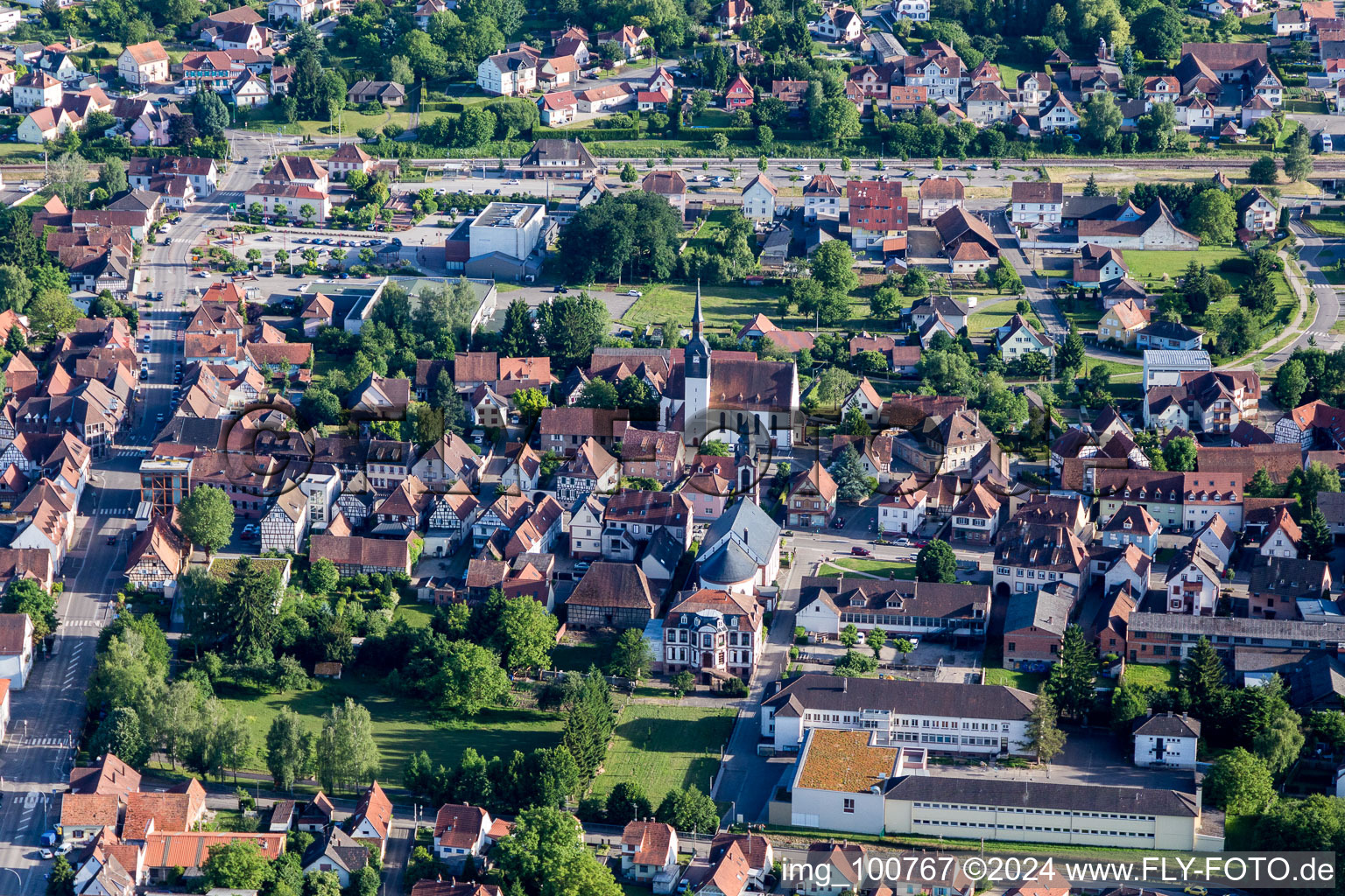 Oblique view of Town View of the streets and houses of the residential areas in Soultz-sous-Forets in Grand Est, France