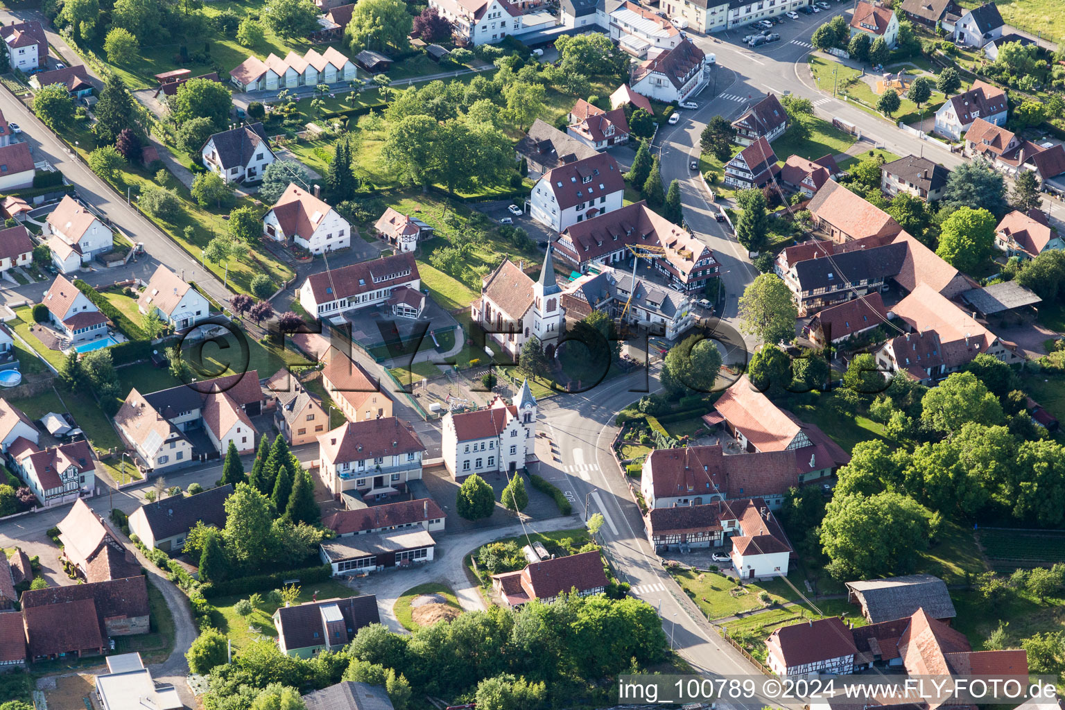 Aerial view of Village view in Merkwiller-Pechelbronn in the state Bas-Rhin, France