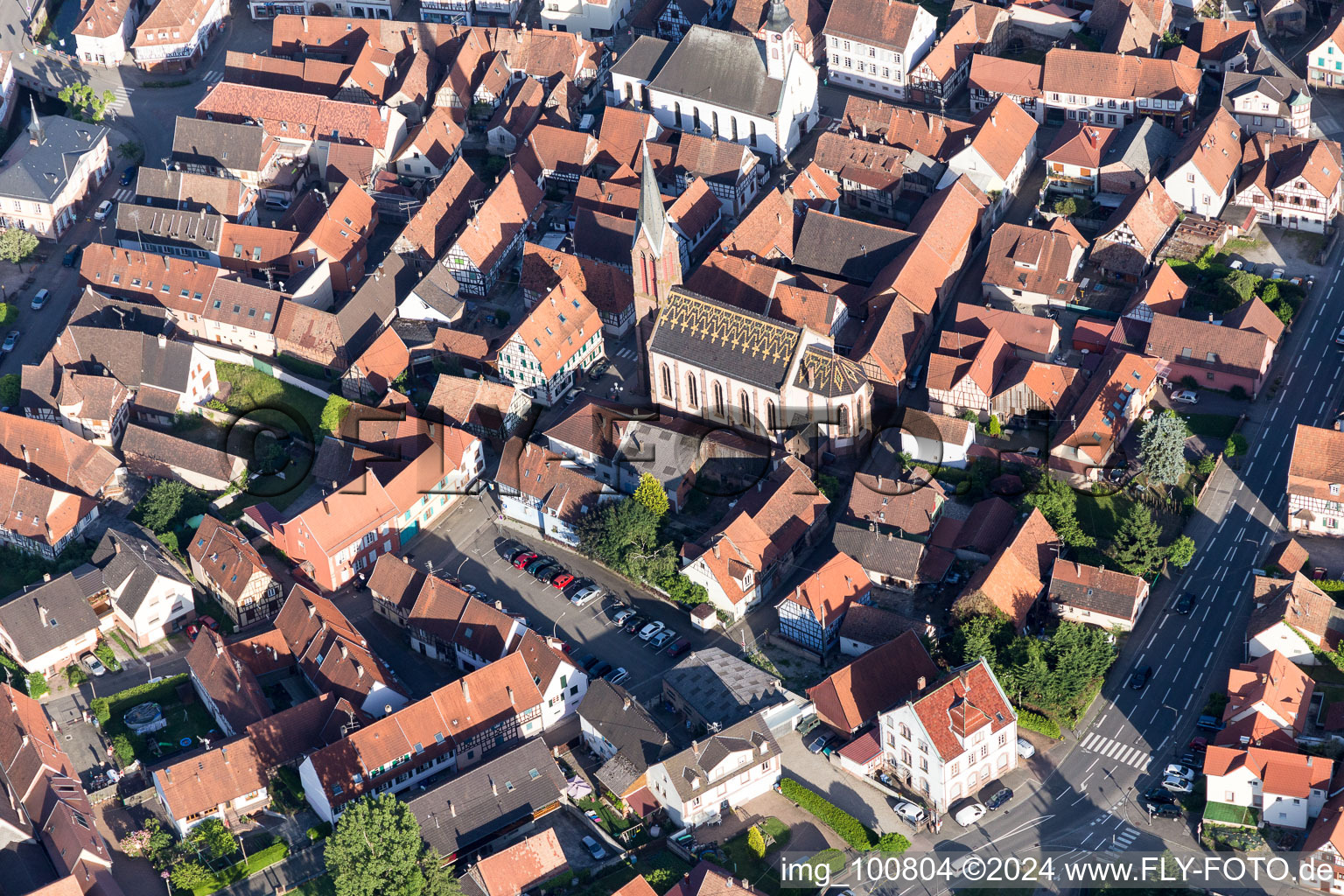 Aerial view of Church building Eglise Catholique Saint-Laurent in Woerth in Grand Est, France