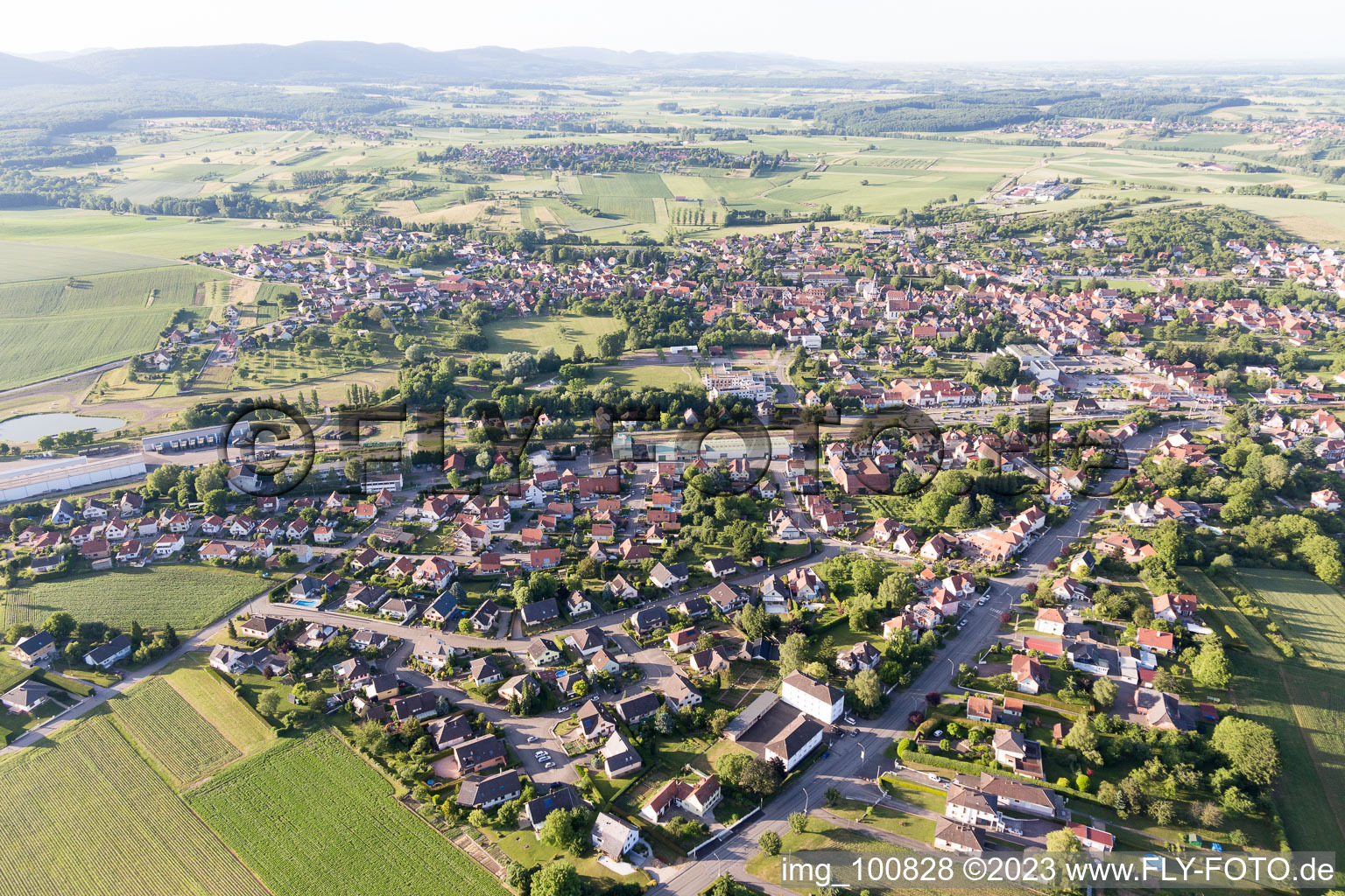 Bird's eye view of Soultz-sous-Forêts in the state Bas-Rhin, France