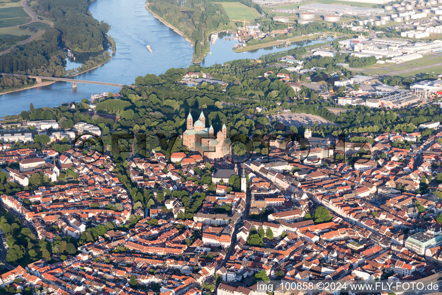 Aerial view of Church building of the cathedral of of Dom zu Speyer in Speyer in the state Rhineland-Palatinate, Germany