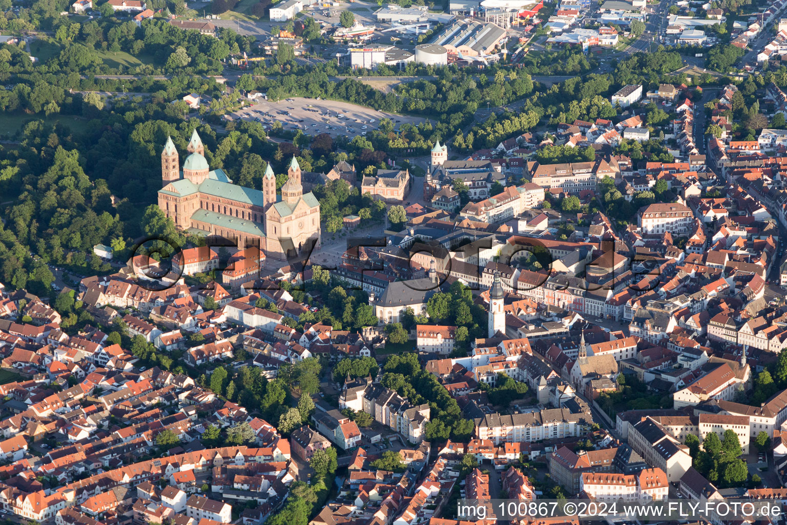 Aerial photograpy of Church building of the cathedral of of Dom zu Speyer in Speyer in the state Rhineland-Palatinate, Germany