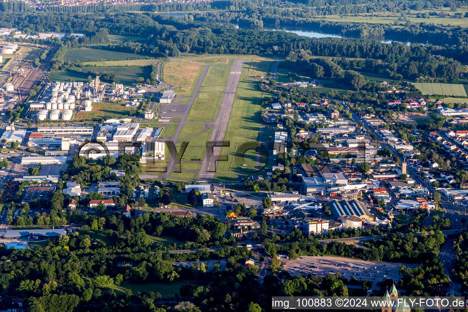 Runway with tarmac terrain of airfield Flugplatz Speyer Ludwigshafen GmbH in Speyer in the state Rhineland-Palatinate, Germany