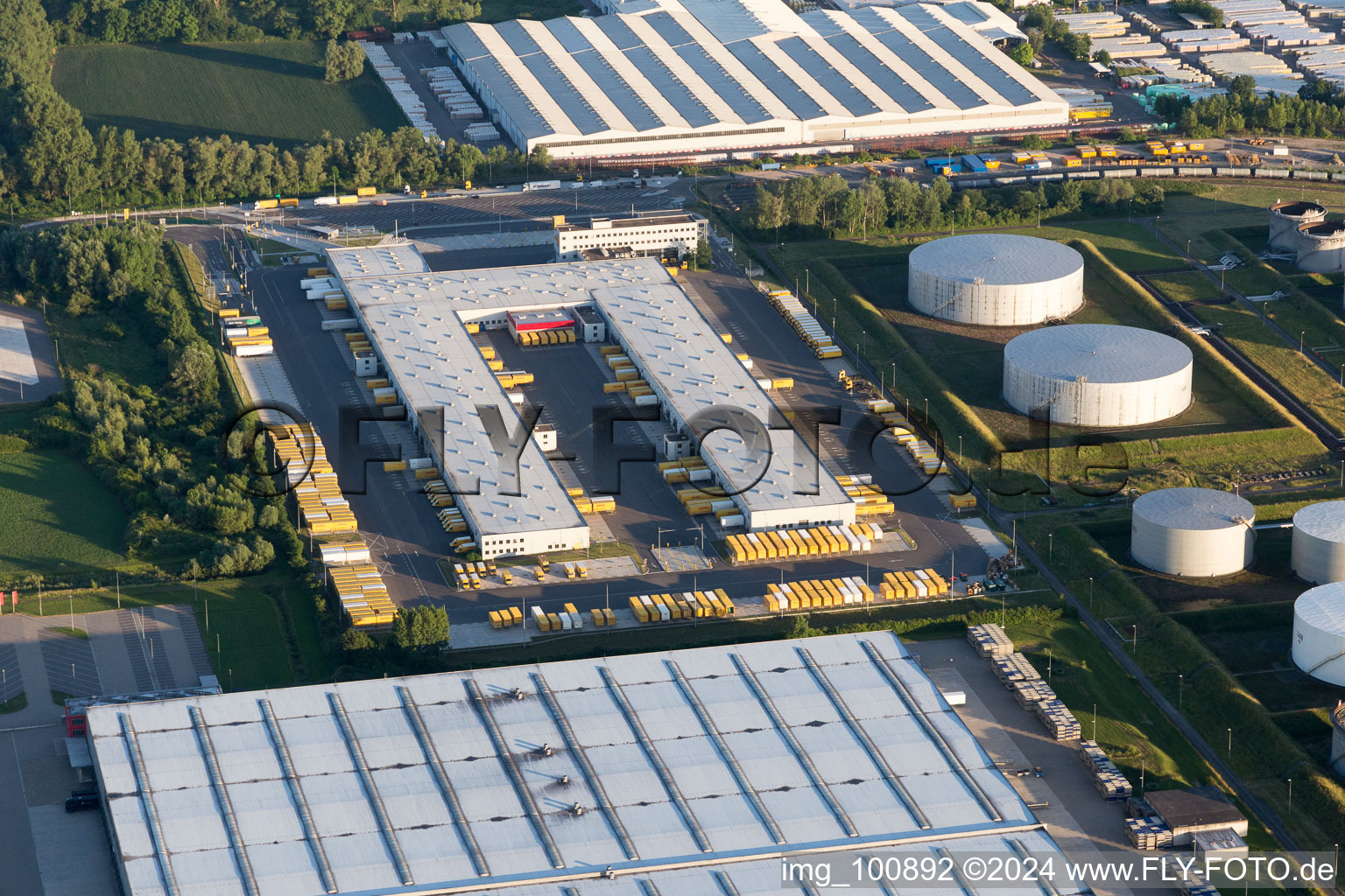 Industrial area at the airport in Speyer in the state Rhineland-Palatinate, Germany viewn from the air