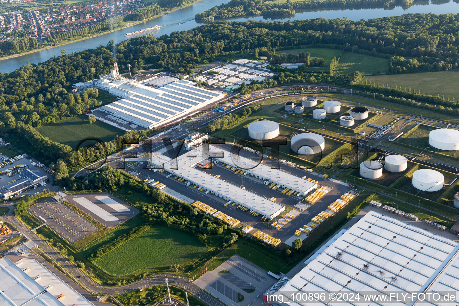 Drone image of Industrial area at the airport in Speyer in the state Rhineland-Palatinate, Germany