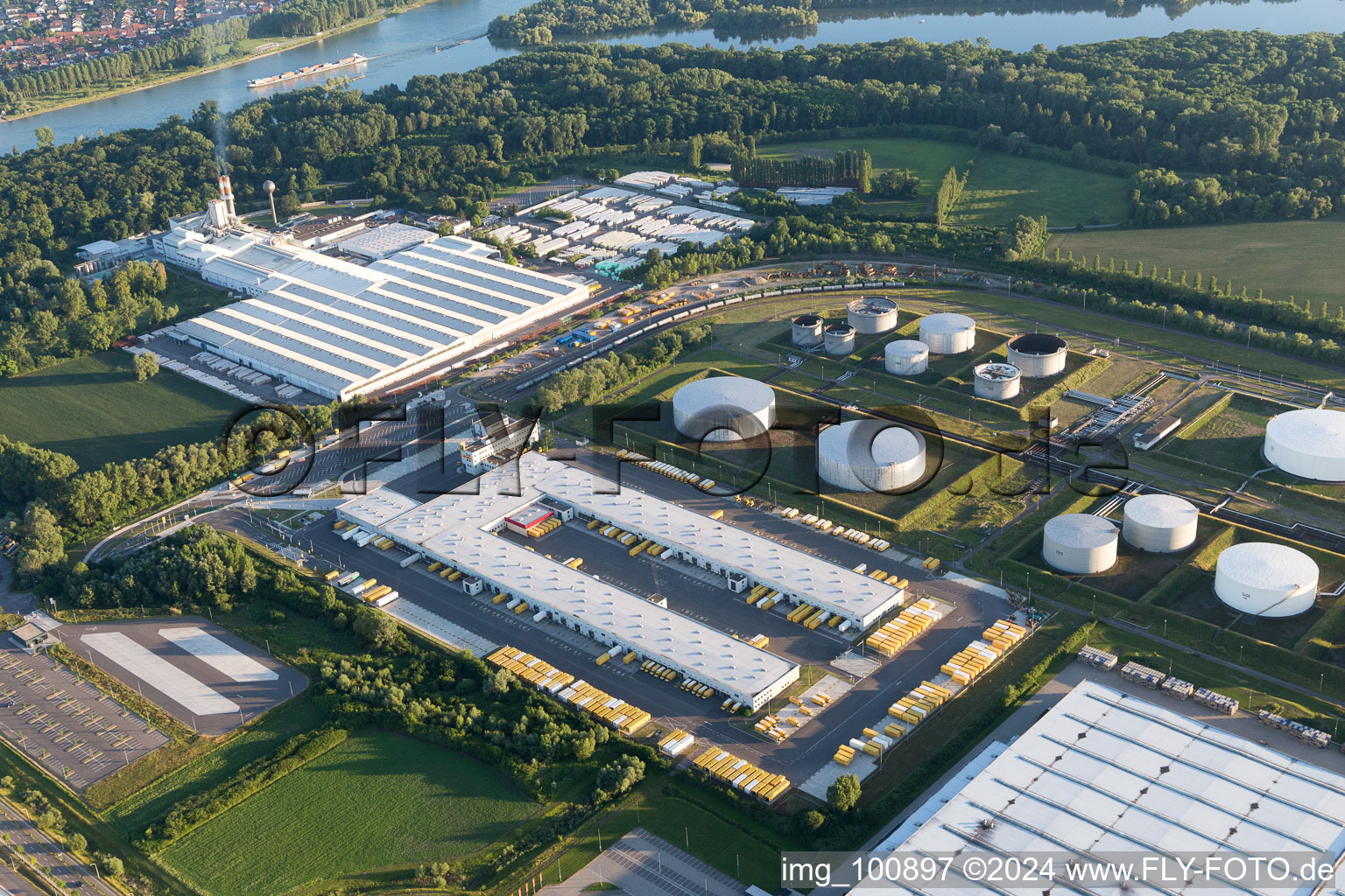 Industrial area at the airport in Speyer in the state Rhineland-Palatinate, Germany from the drone perspective