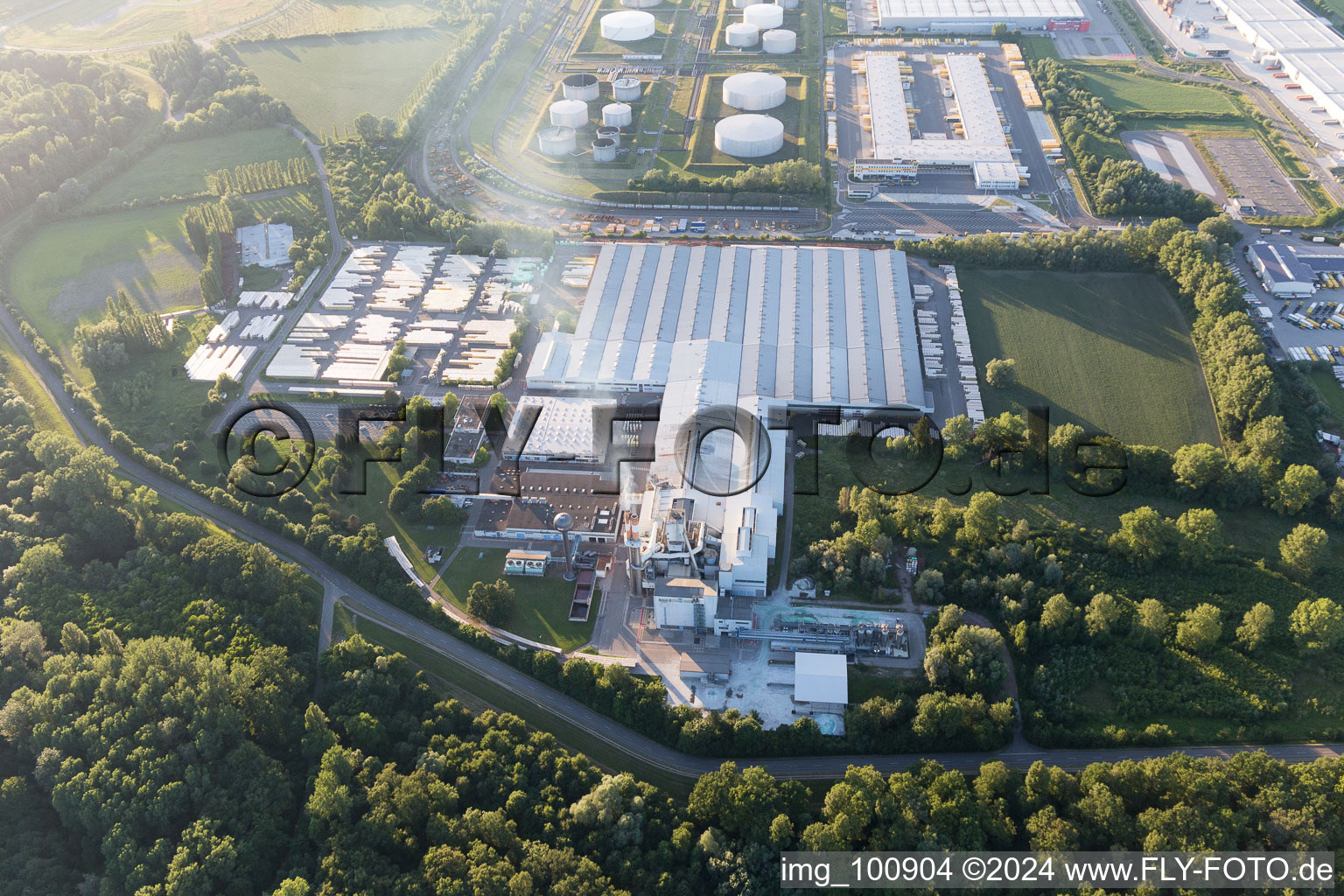 Industrial area south in Speyer in the state Rhineland-Palatinate, Germany seen from above