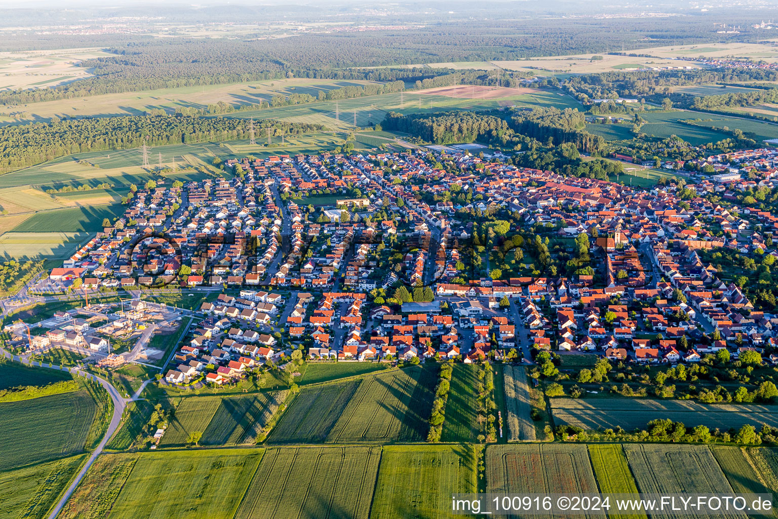 Aerial view of Village view in the district Russheim in Dettenheim in the state Baden-Wurttemberg, Germany