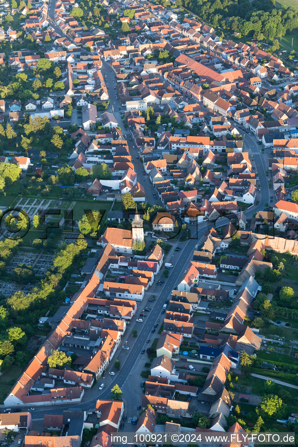 Aerial view of Main Street in the district Liedolsheim in Dettenheim in the state Baden-Wuerttemberg, Germany