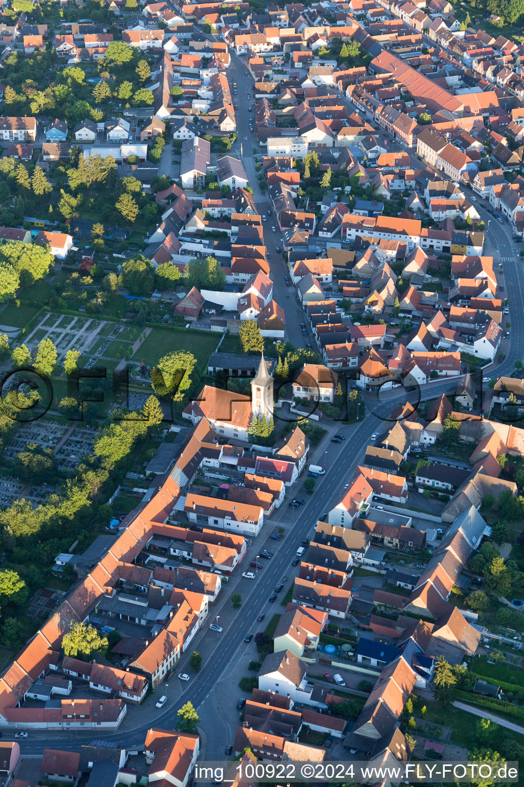 Aerial photograpy of Main Street in the district Liedolsheim in Dettenheim in the state Baden-Wuerttemberg, Germany