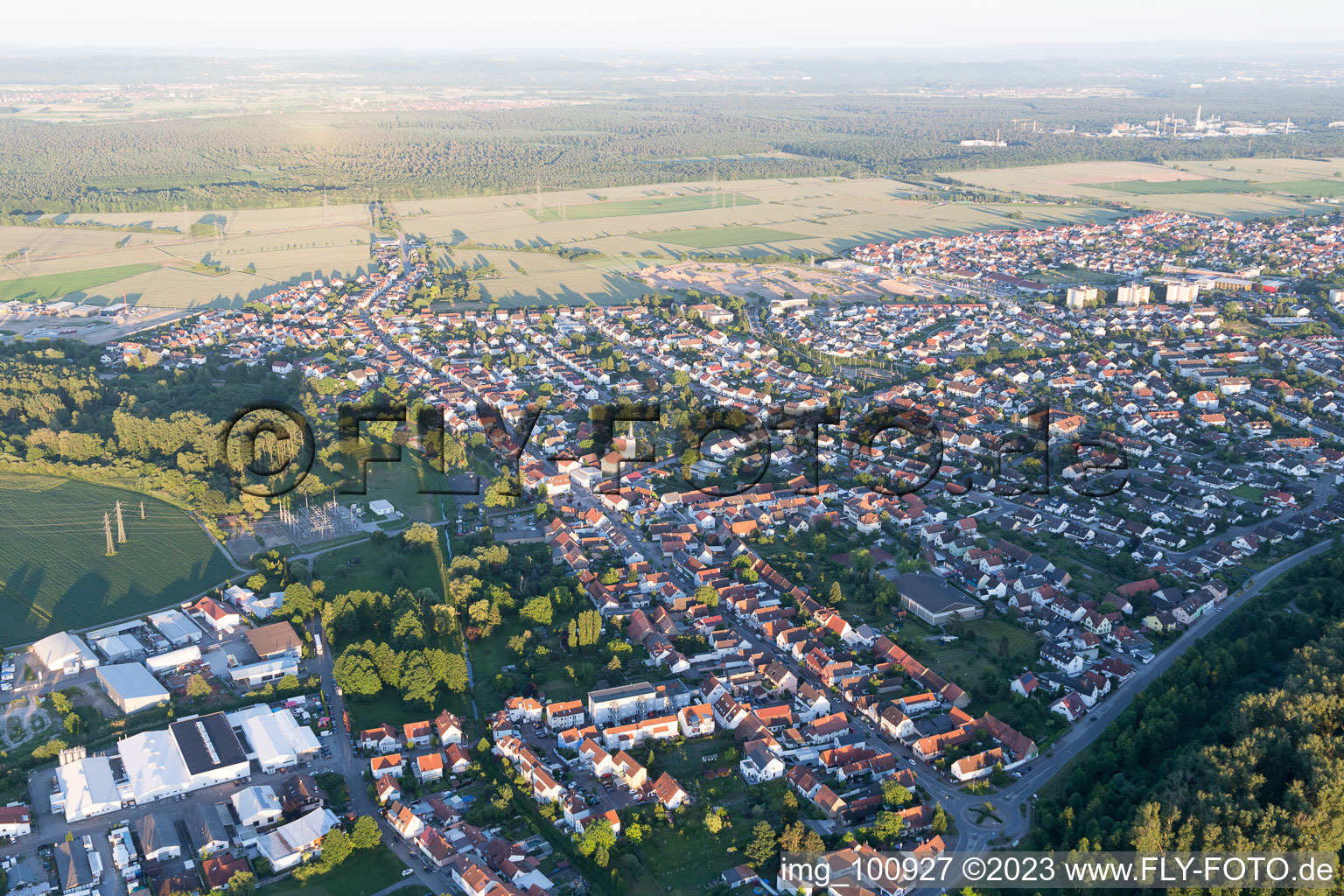 Aerial view of District Hochstetten in Linkenheim-Hochstetten in the state Baden-Wuerttemberg, Germany