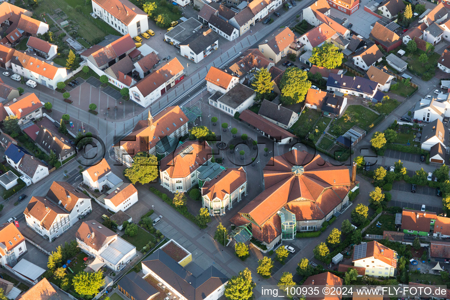 Aerial view of Community Centre in the district Linkenheim in Linkenheim-Hochstetten in the state Baden-Wuerttemberg, Germany