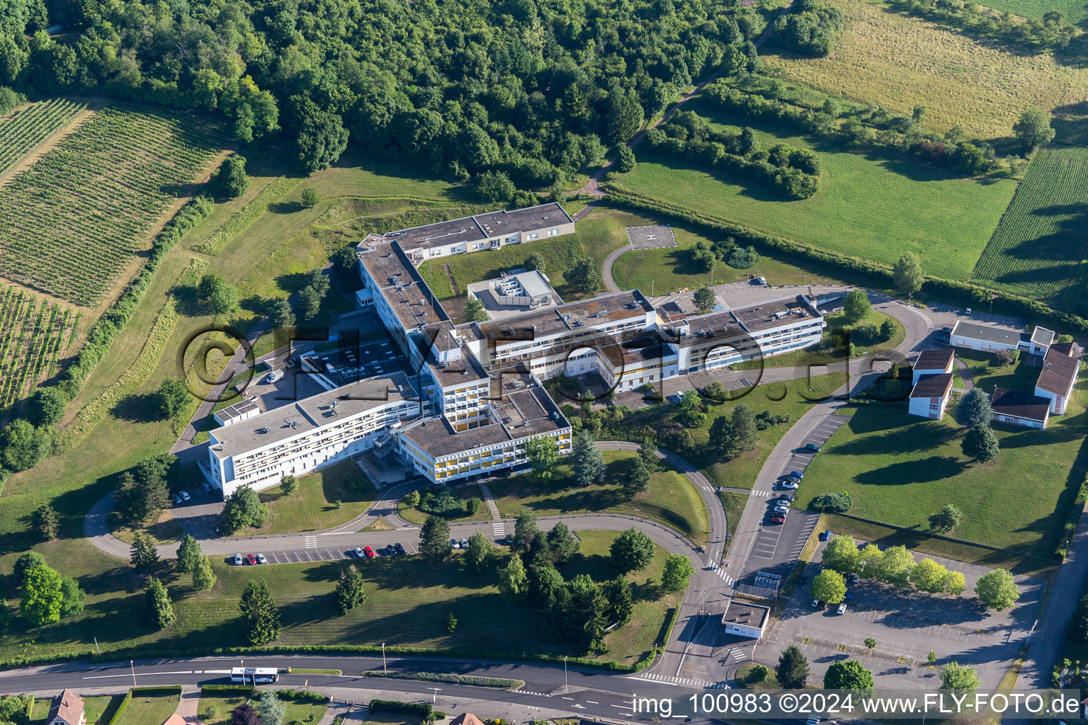 Aerial view of Hospital grounds of the Clinic Centre Hospitalier de la Lauter in Wissembourg in Grand Est, France