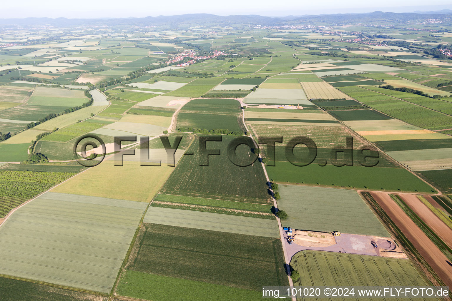 Aerial photograpy of Construction site of the EnBW wind farm Freckenfeld - for wind energy plant with 6 wind turbines in Freckenfeld in the state Rhineland-Palatinate, Germany