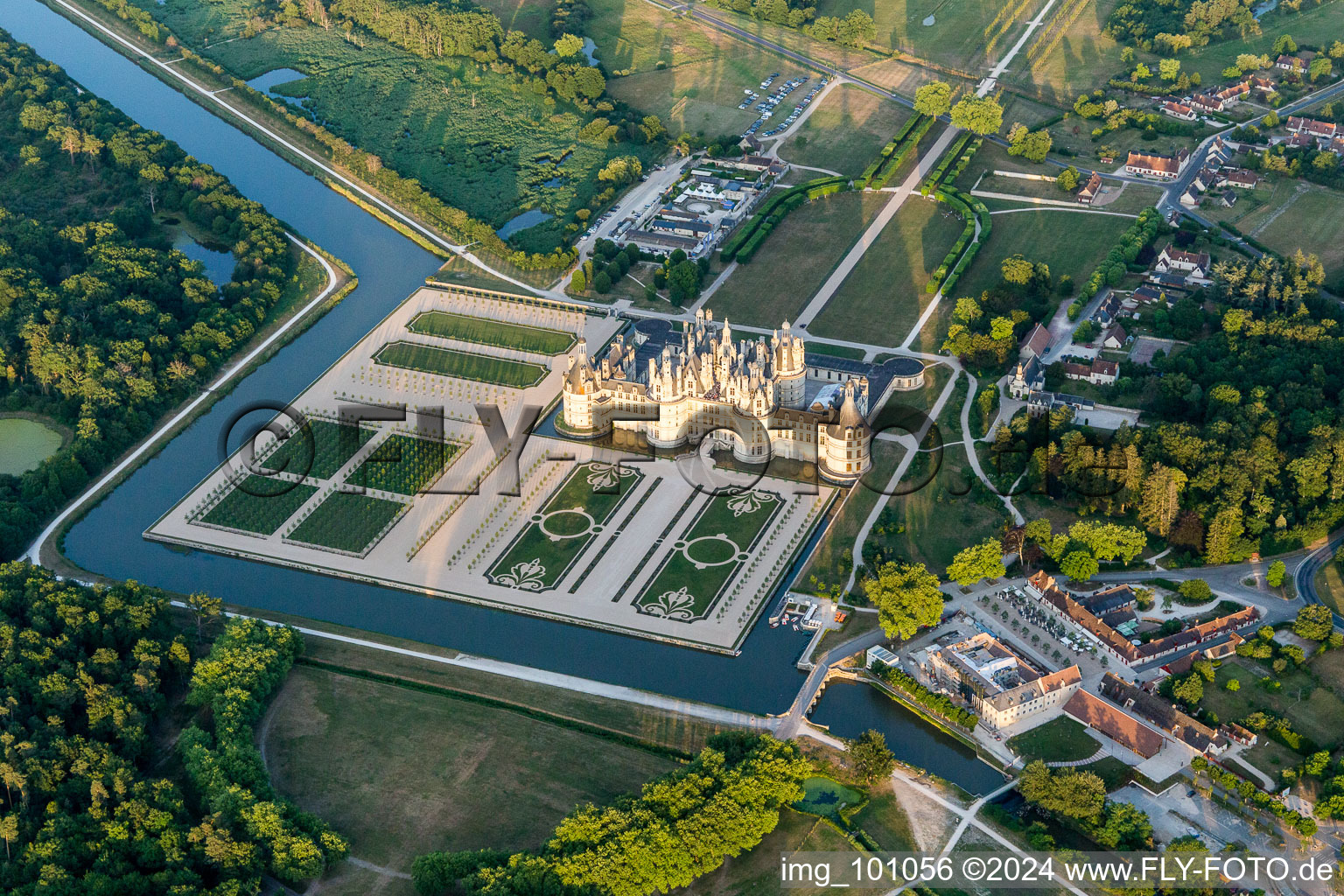 Channels and Building complex in the park of the castle Schloss Chambord in Chambord in Centre-Val de Loire, France