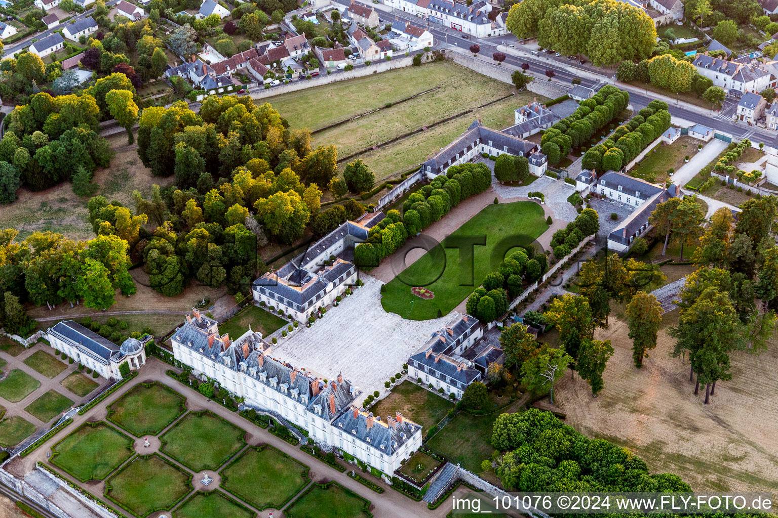 Oblique view of Building complex in the park of the castle Chateau de Menars on the Loire river in Menars in Centre-Val de Loire, France