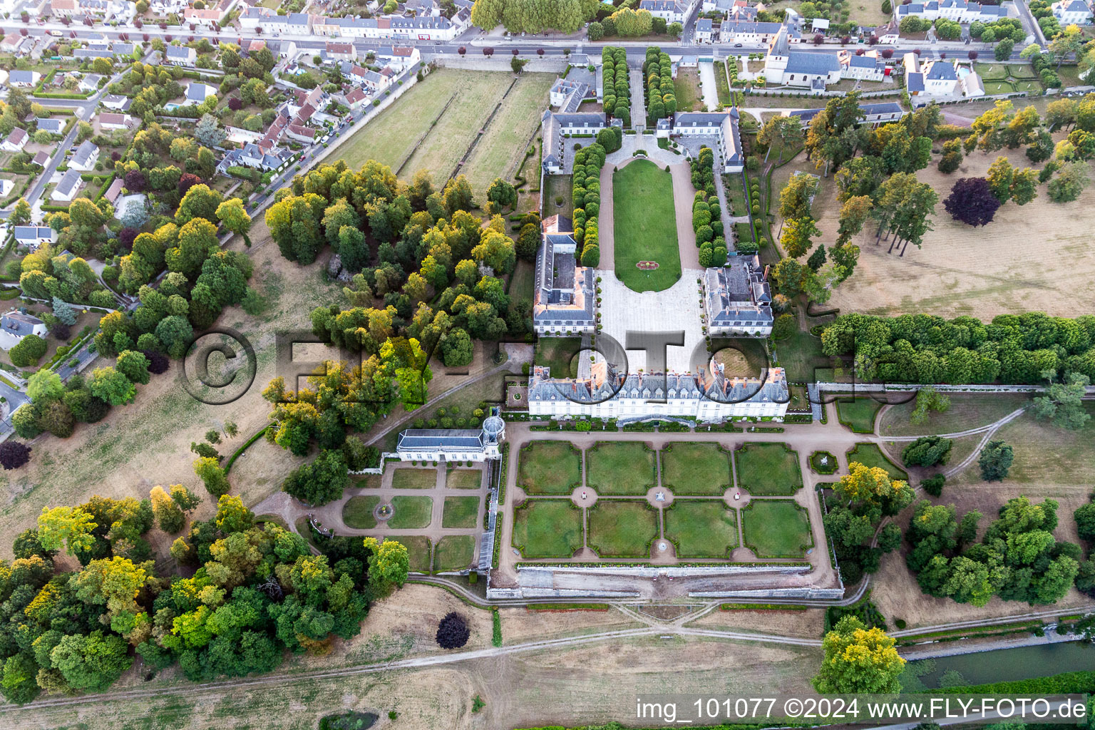 Building complex in the park of the castle Chateau de Menars on the Loire river in Menars in Centre-Val de Loire, France from above