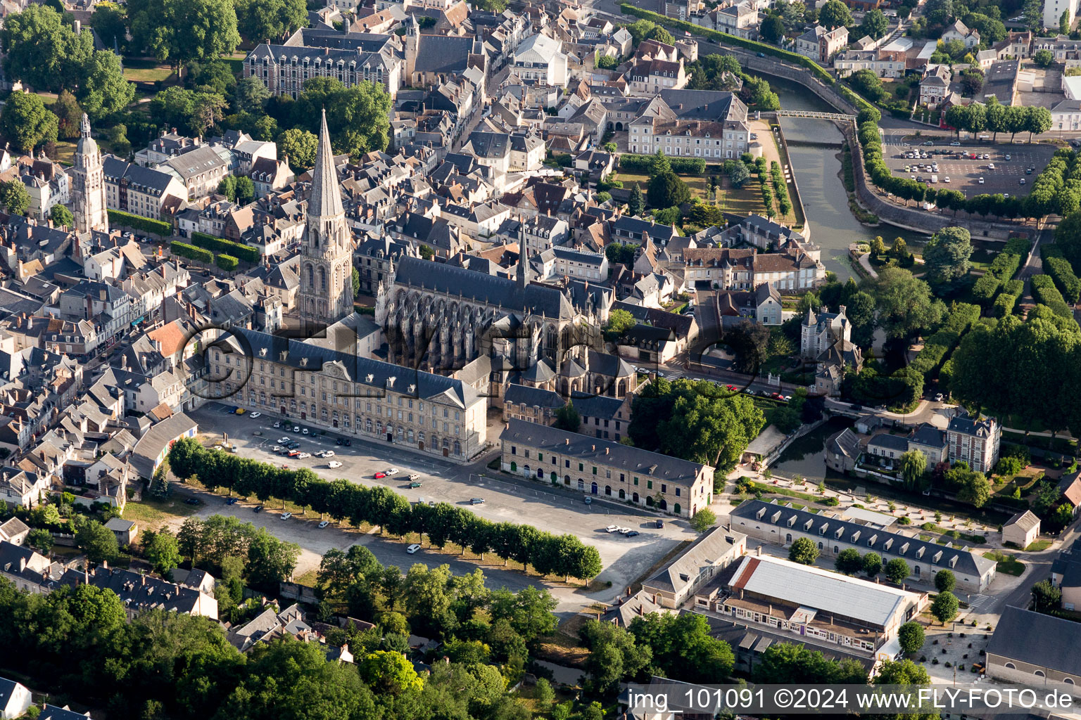 Aerial view of Complex of buildings of the monastery of the Abbaye of the Trinity in Vendome in Centre-Val de Loire, France