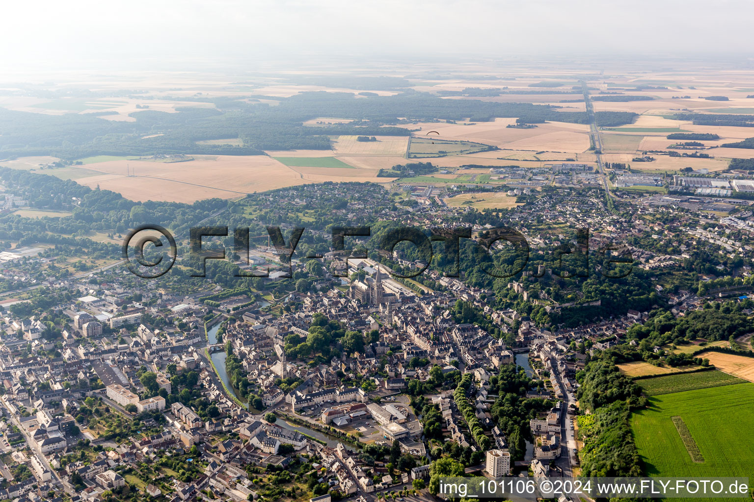 City view on the river bank of Loir in Vendome in Centre-Val de Loire, France